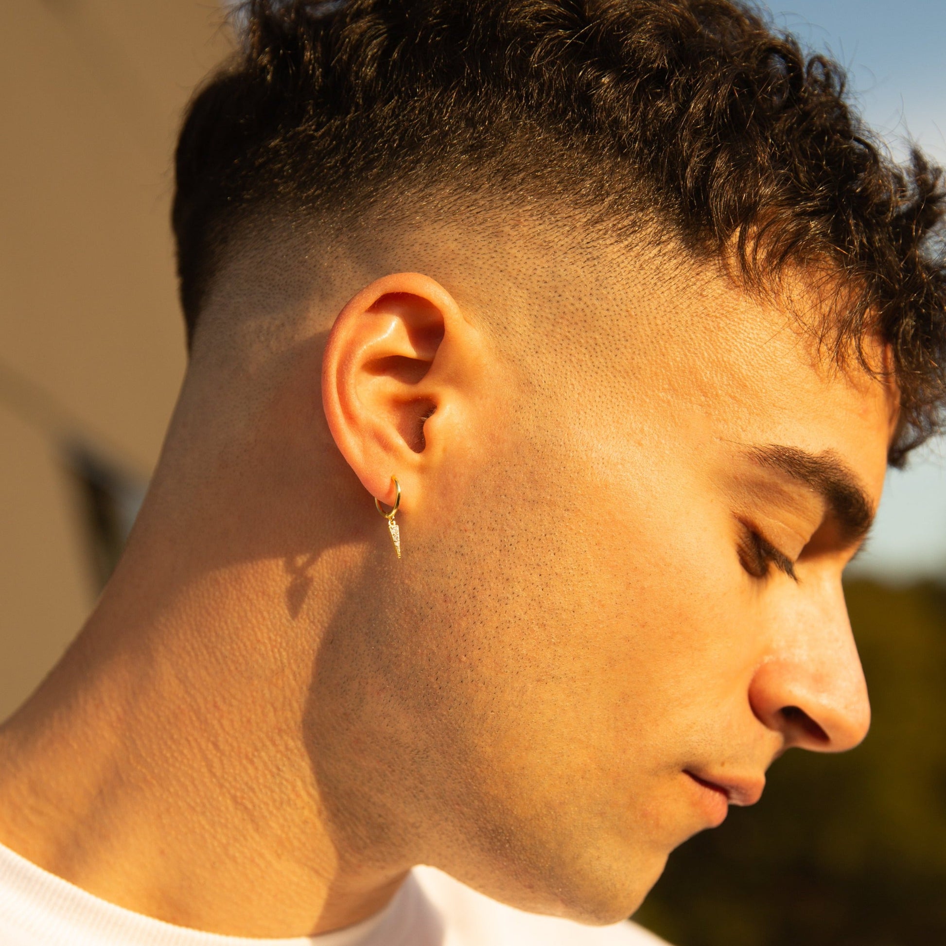 CZ Pave Petite Spikes Drop Huggie Hoops Tiny Gold Spike CZ Dangle Hoop Earrings for Men Genderless Unisex by Doviana