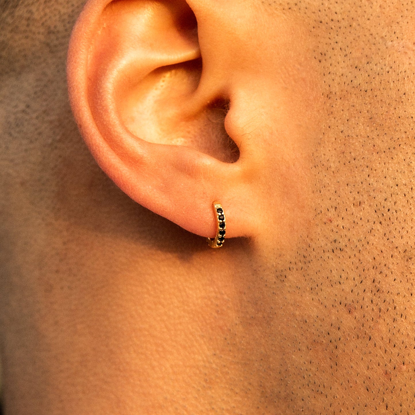 Gold Hoops with Black Stones Dainty Gem Black Zircon Huggie Earrings Genderless Unisex by Doviana