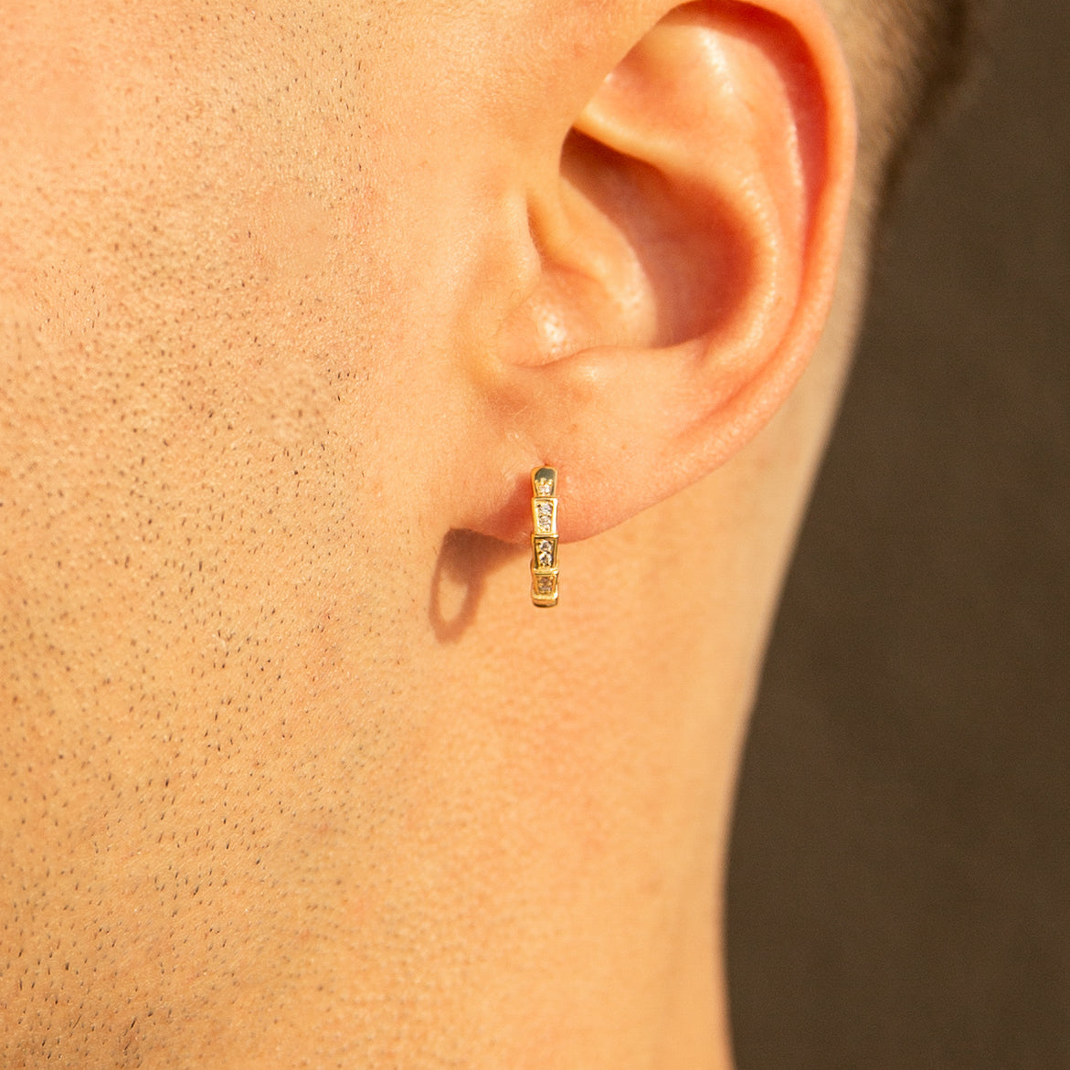 CZ Bamboo Hoop Earrings Cubic Zirconia Square CZ Baguette Gold Huggie Hoops Genderless Unisex by Doviana