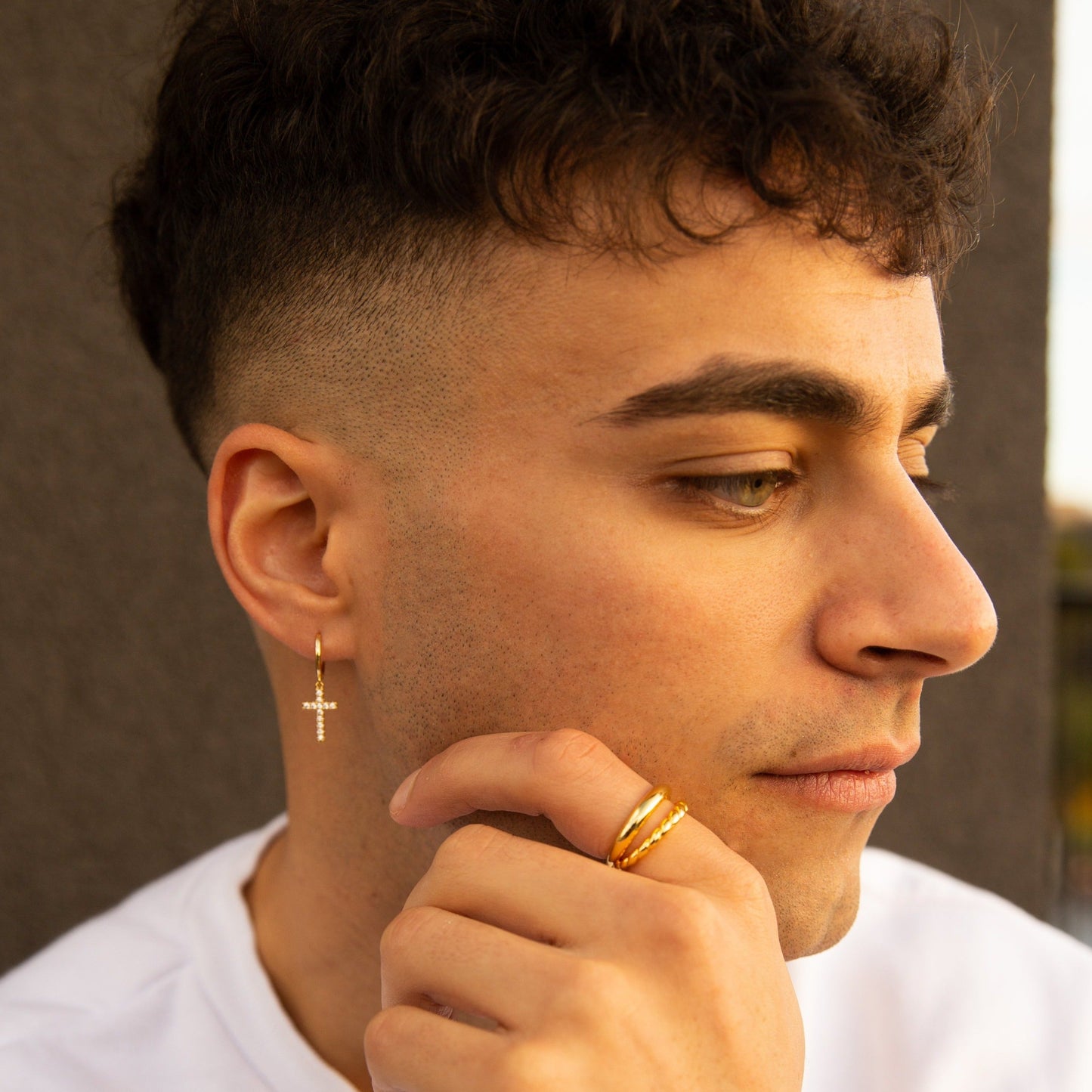 Dangle CZ Cross Hoop Earrings Gold Hanging Studded Cross Earring Genderless Unisex by Doviana