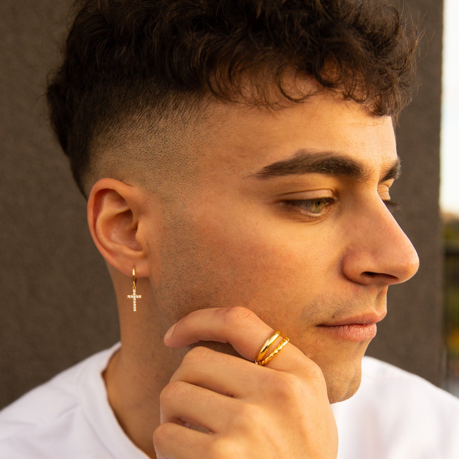 Dangle CZ Cross Hoop Earrings Gold Hanging Studded Cross Earring Genderless Unisex by Doviana
