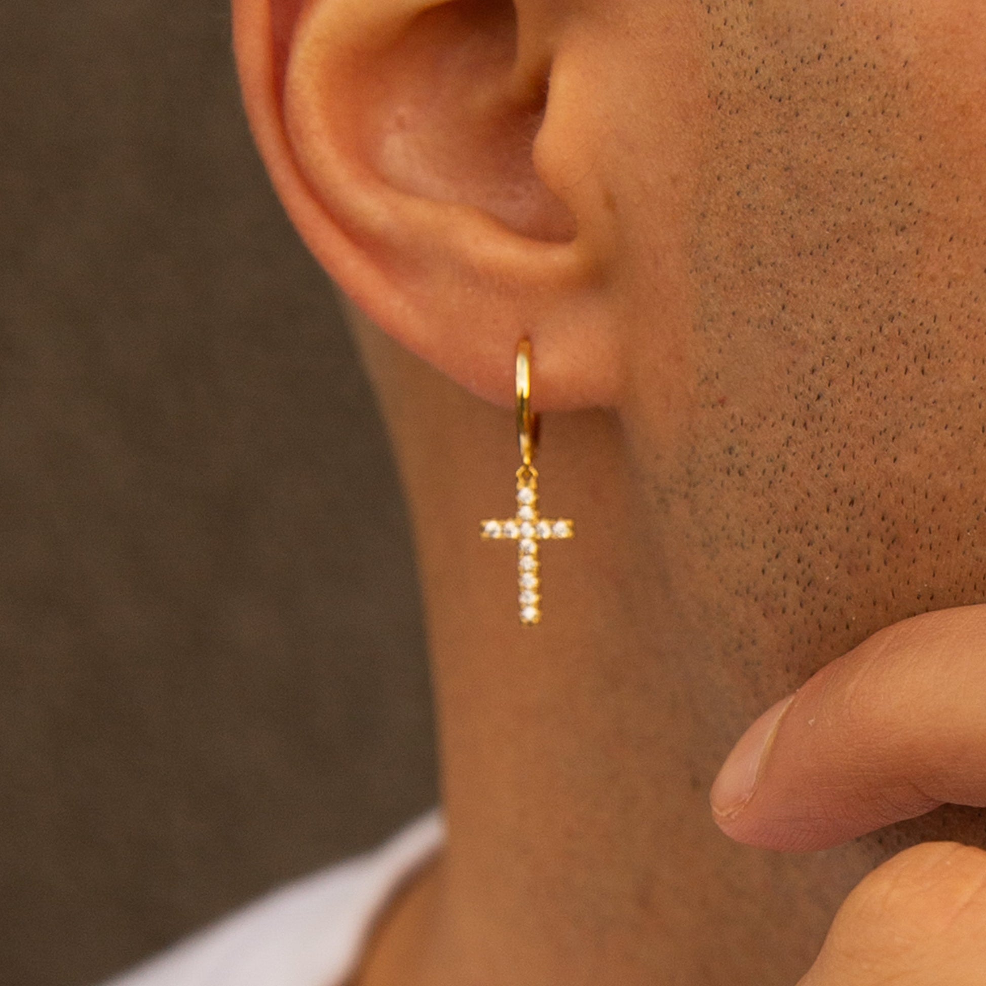 Dangle CZ Cross Hoop Earrings Gold Hanging Studded Cross Earring by Doviana