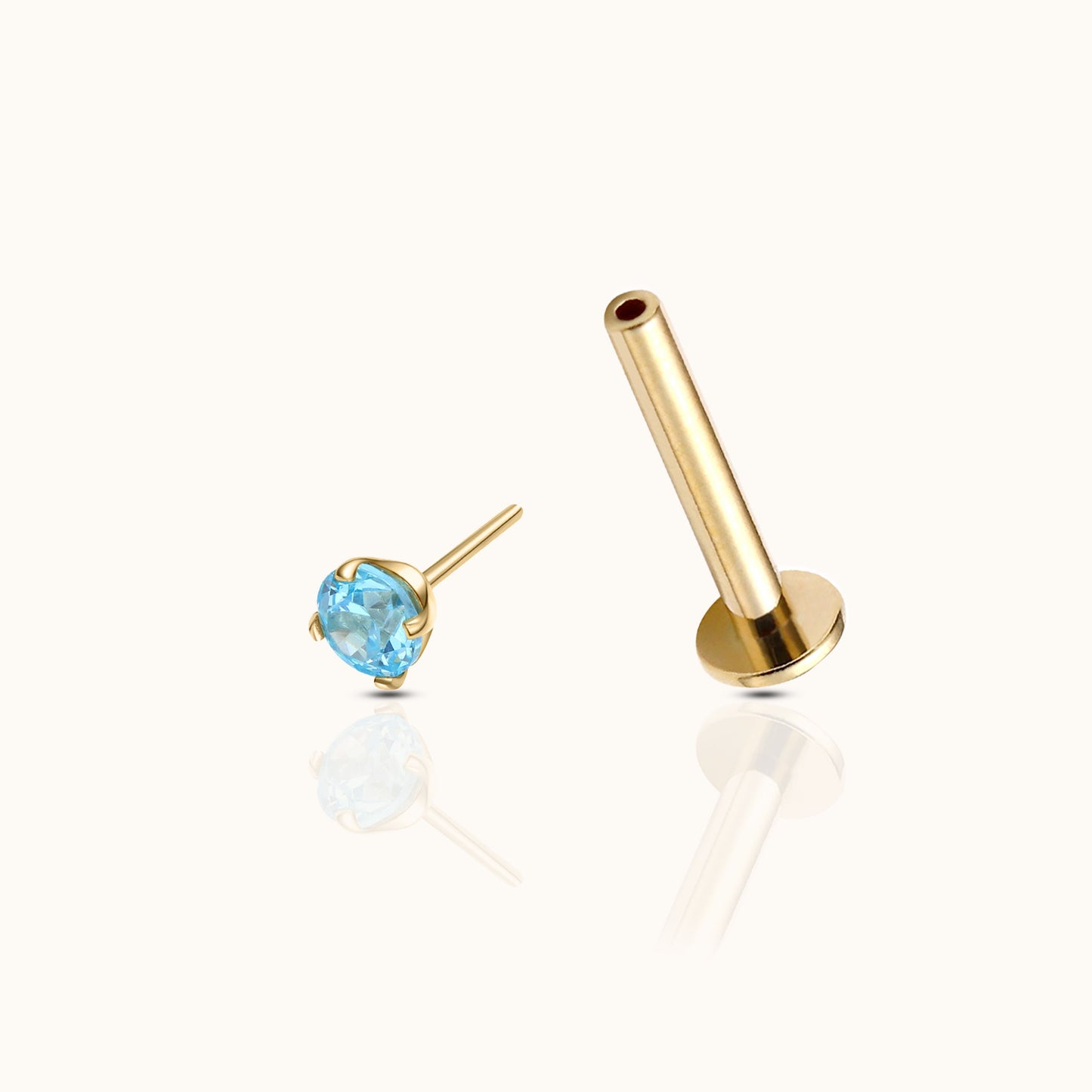 14K Solid Gold 2mm Aquamarine CZ Threadless Labret Flat Back Nap Earring by Doviana