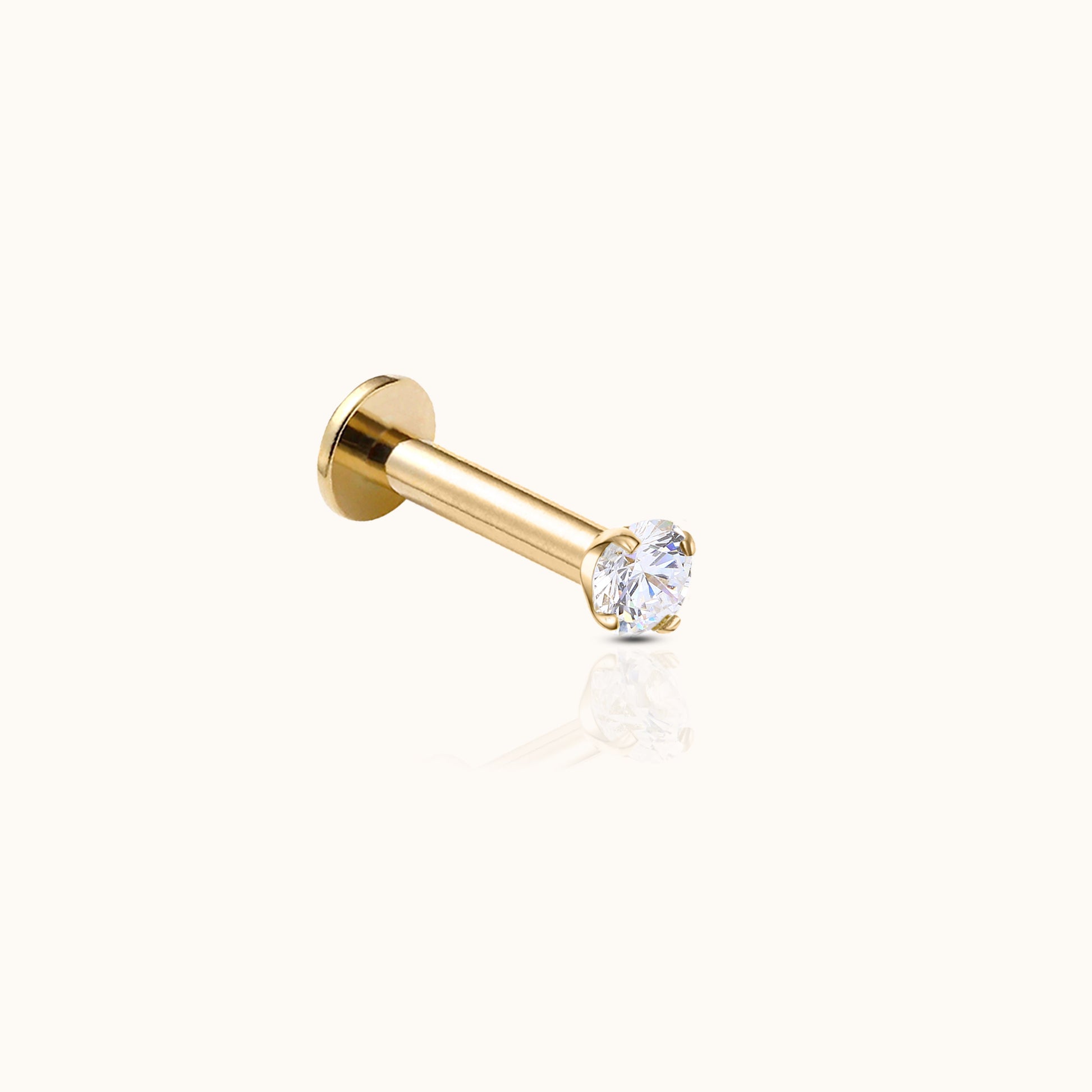 14K Solid Gold 2mm CZ Threadless Labret Flat Back Nap Earring by Doviana