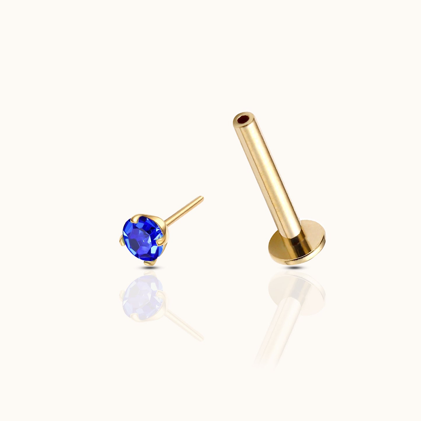 14K Solid Gold 2mm Midnight Blue CZ Threadless Labret Flat Back Earring