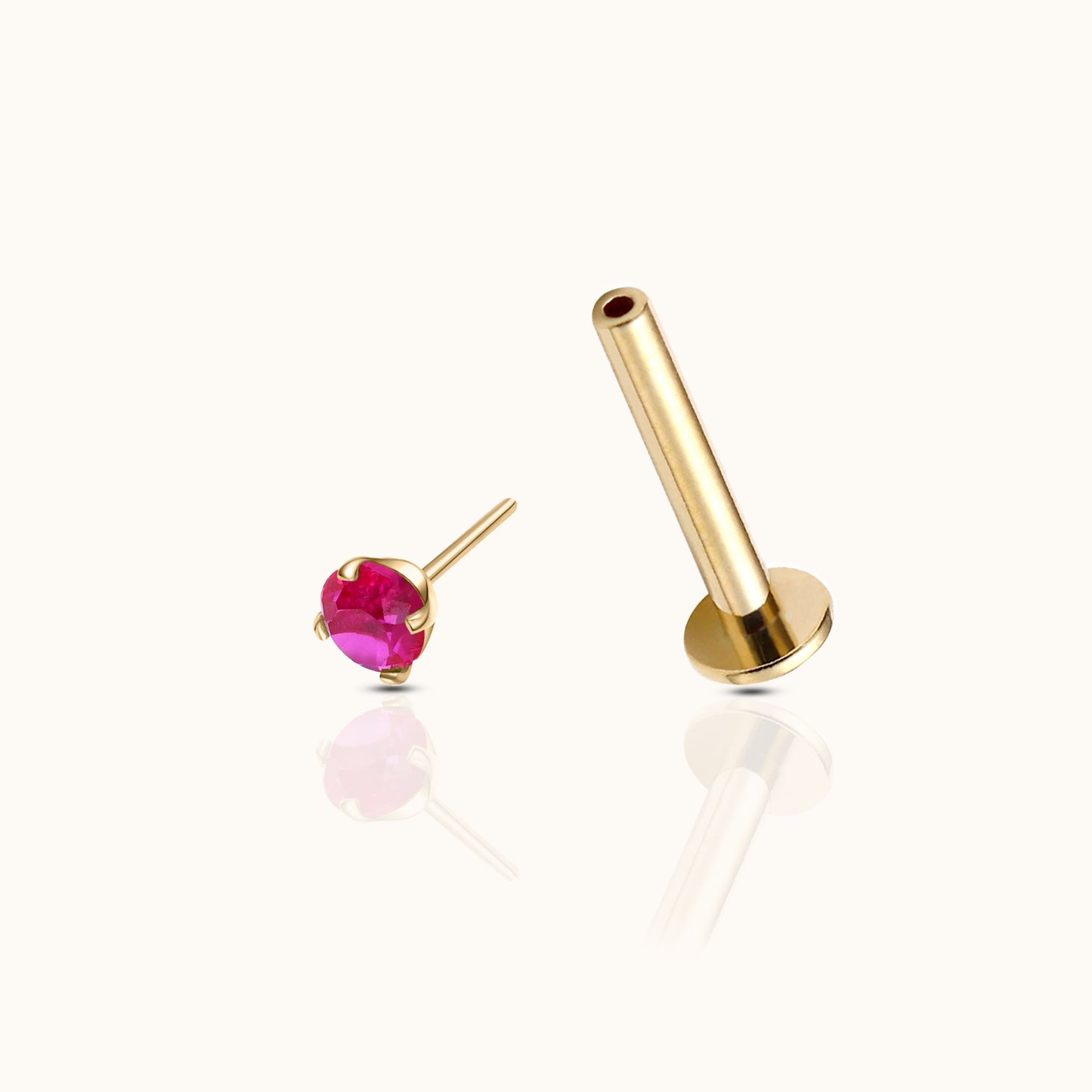 14K Solid Gold 2mm Ruby CZ Threadless Labret Flat Back Nap Earring by Doviana