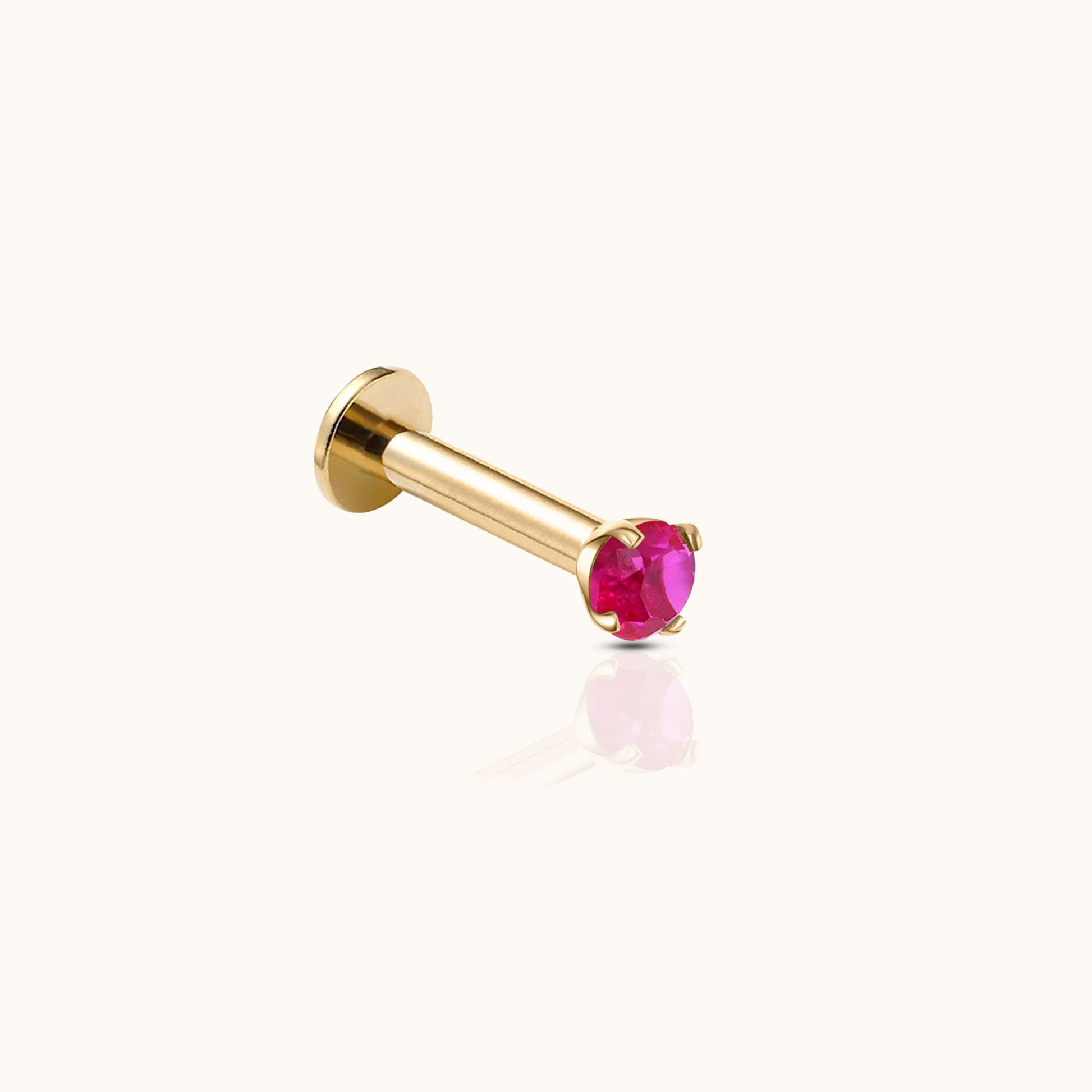 14K Solid Gold 2mm Ruby CZ Threadless Labret Flat Back Nap Earring by Doviana