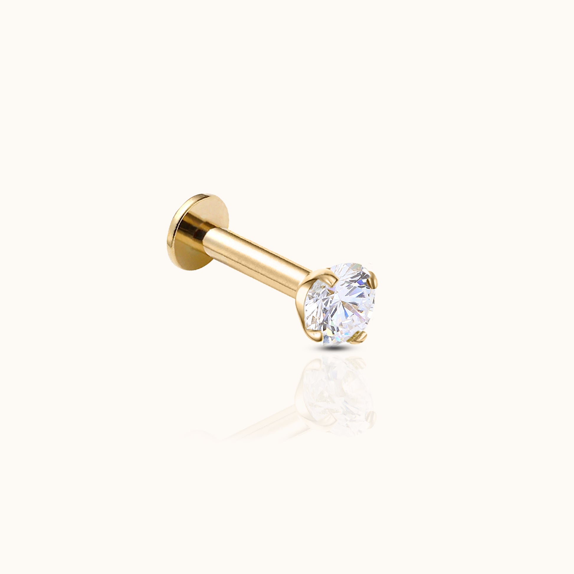14K Solid Gold 3mm White CZ Threadless Labret Flat Back Nap Earring by Doviana