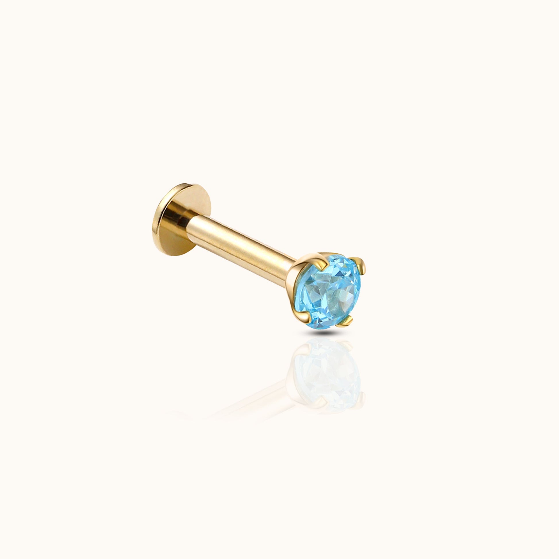 14K Solid Gold 3mm Aquamarine CZ Threadless Labret Flat Back Push Back Nap Earring by Doviana