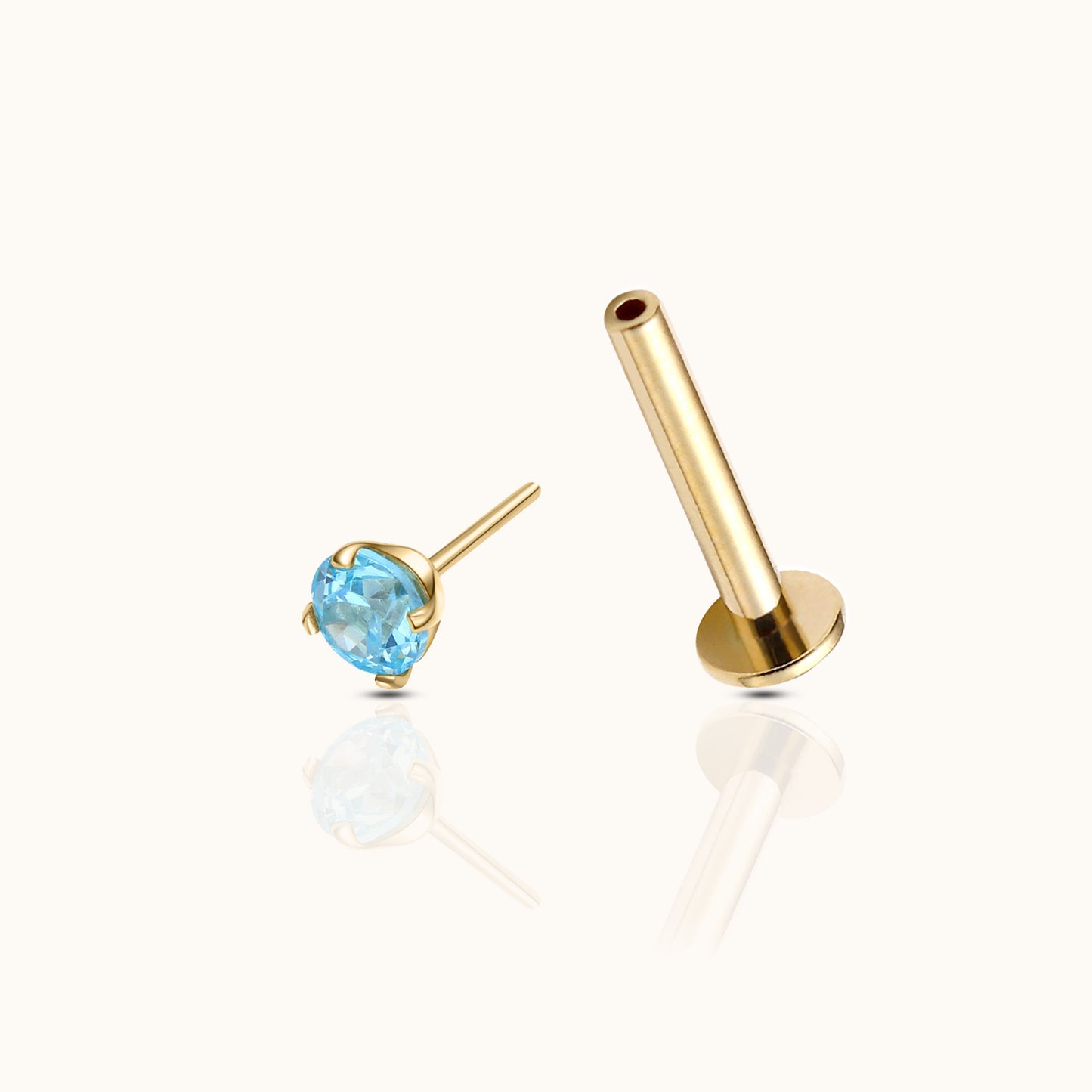 14K Solid Gold 3mm Aquamarine CZ Threadless Labret Flat Back Push Back Nap Earring by Doviana
