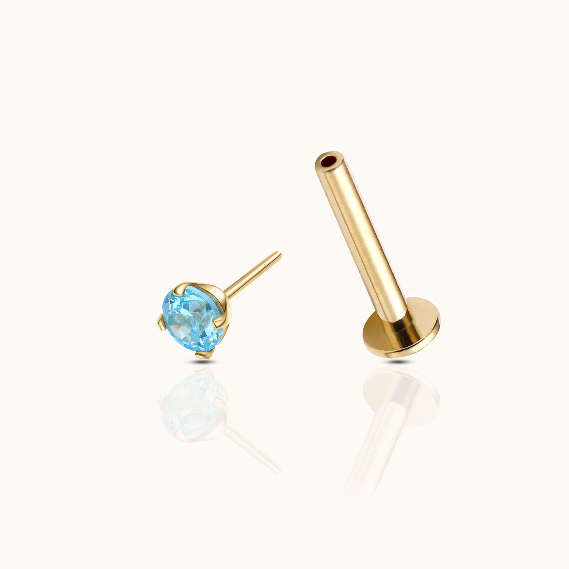 14K Solid Gold 3mm Aquamarine CZ Threadless Labret Flat Back Push Back Nap Earring by Doviana
