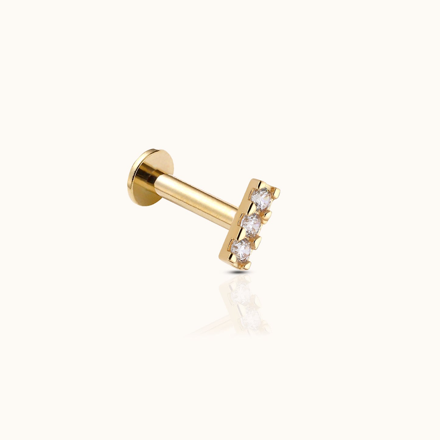 14K Solid Gold Bar Triple CZ Threadless Labret Flat Back Earring by Doviana