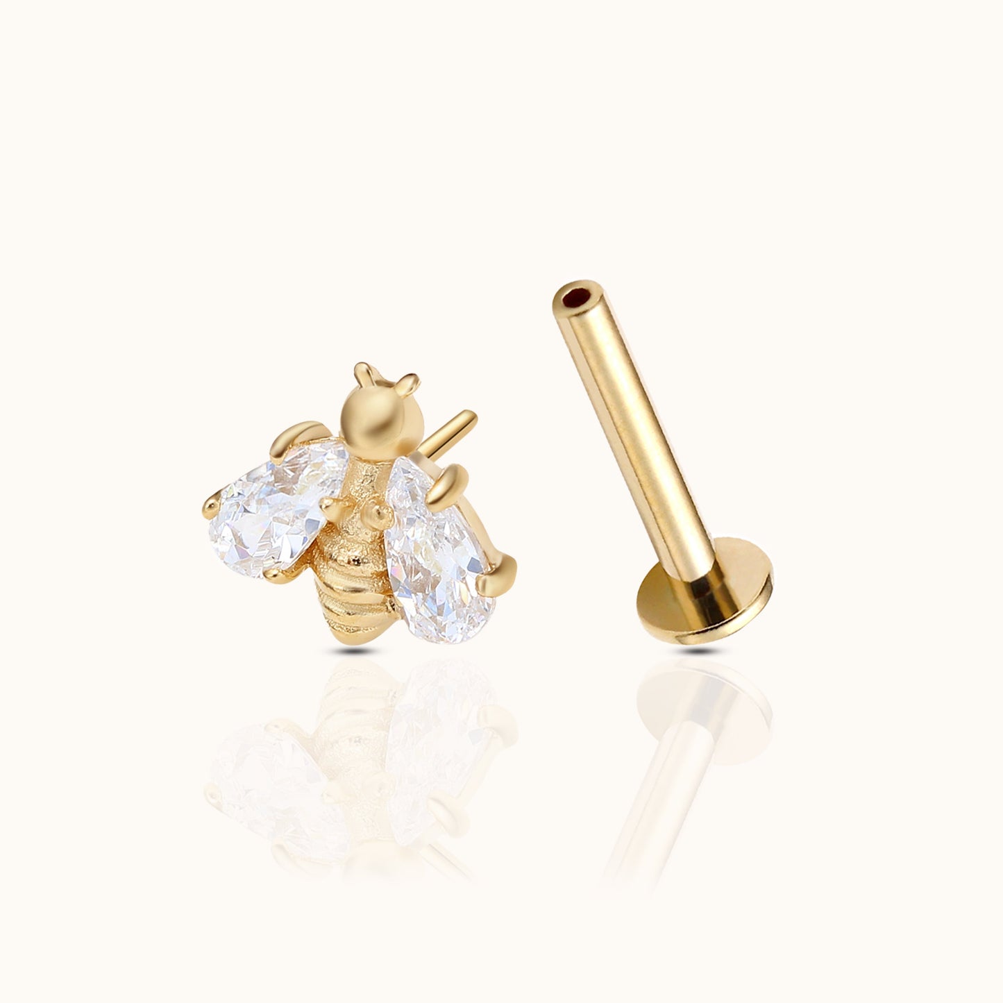 14K Solid Gold Bumble Bee Threadless Labret Flat Back Nap Earring by Doviana