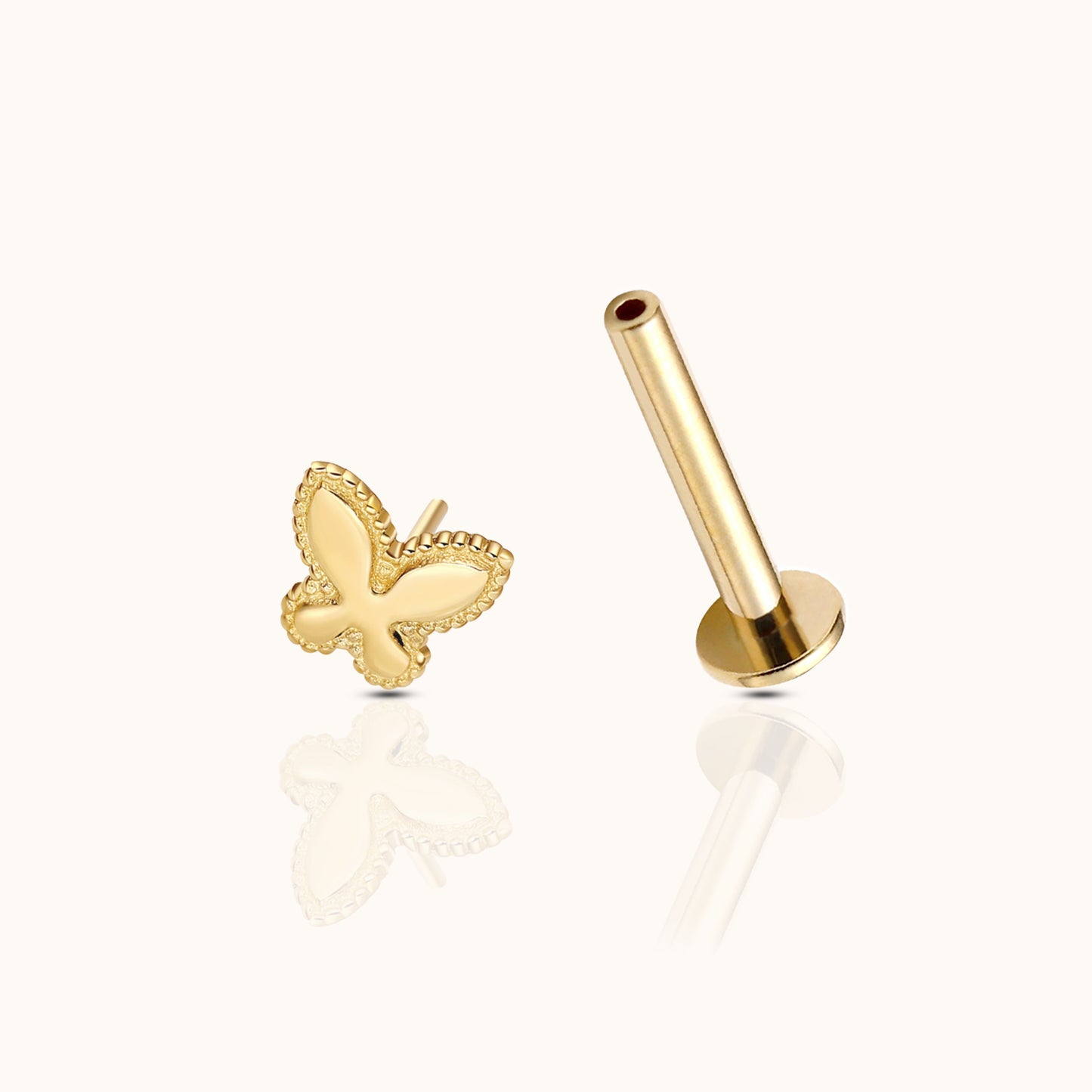 14K Solid Gold Butterfly Threadless Labret Flat Back Earring by Doviana