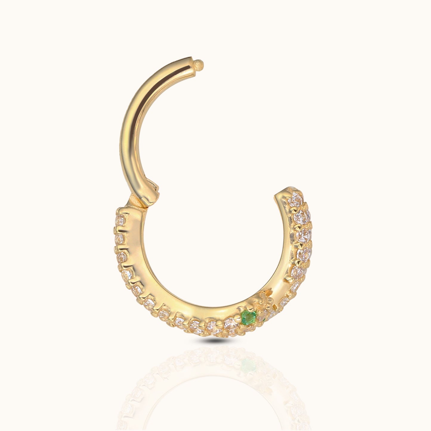 14K Solid Gold CZ Snake with Green Eyes Clicker Hoop Earring by Doviana