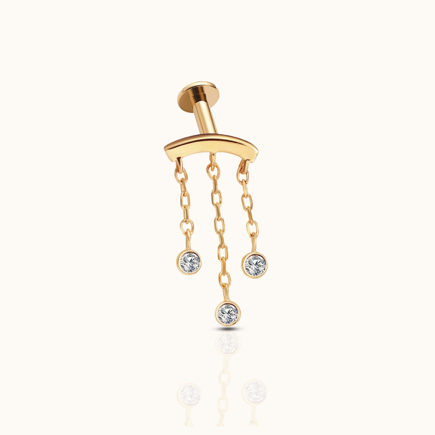 14K Solid Gold Chandelier Tassel CZ Bezel Drop Dangle Threadless Labret Flat Back Earring