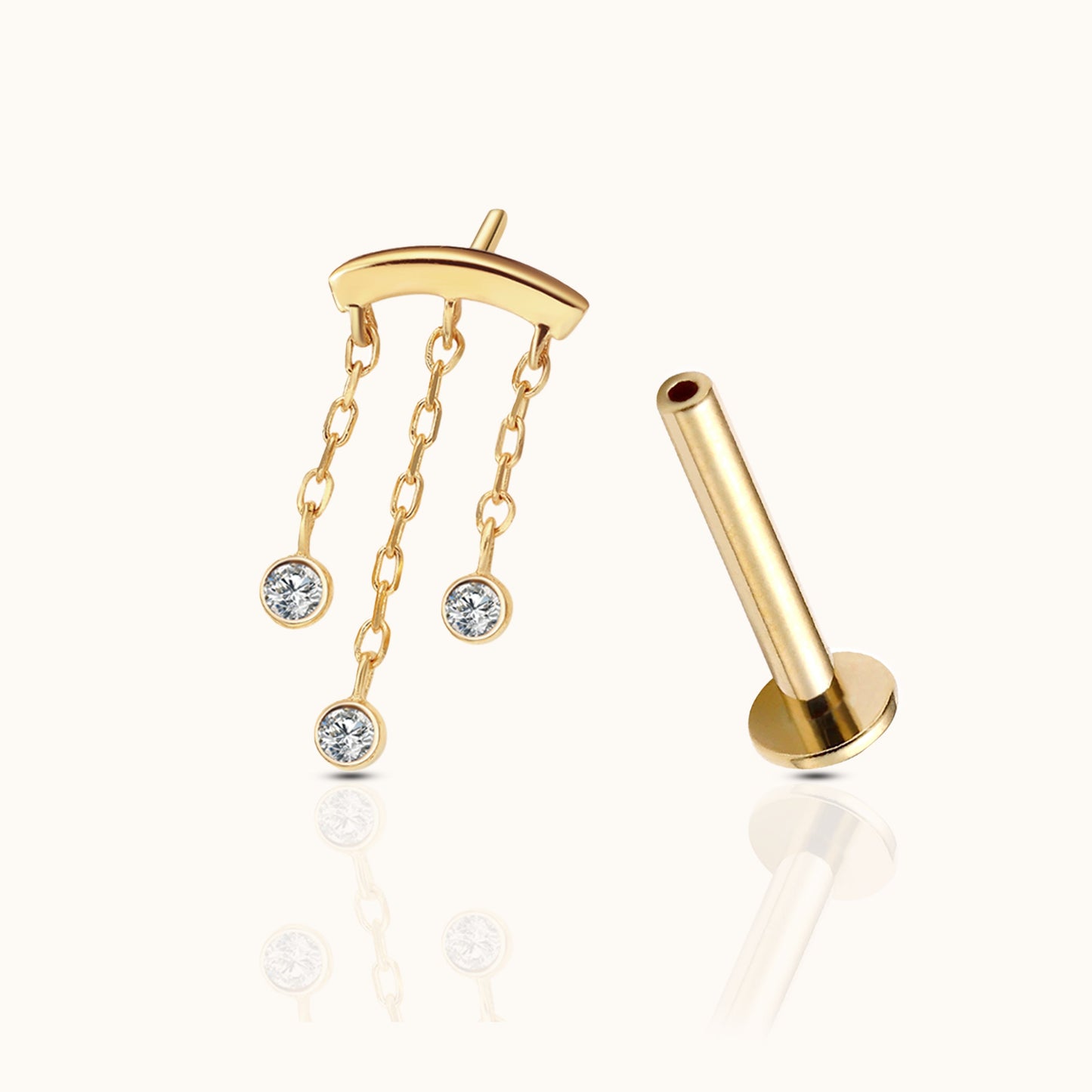 14K Solid Gold Chandelier Tassel CZ Bezel Drop Dangle Threadless Labret Flat Back Earring
