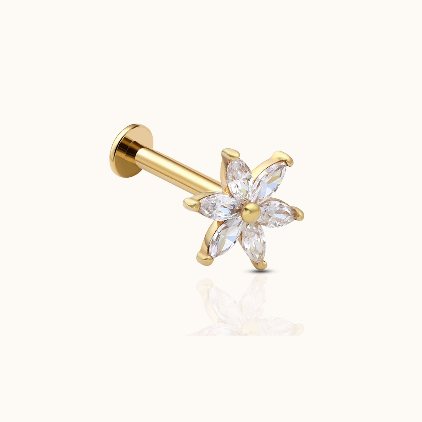 14K Solid Gold Daisy Floral Threadless Labret Flat Back Earring
