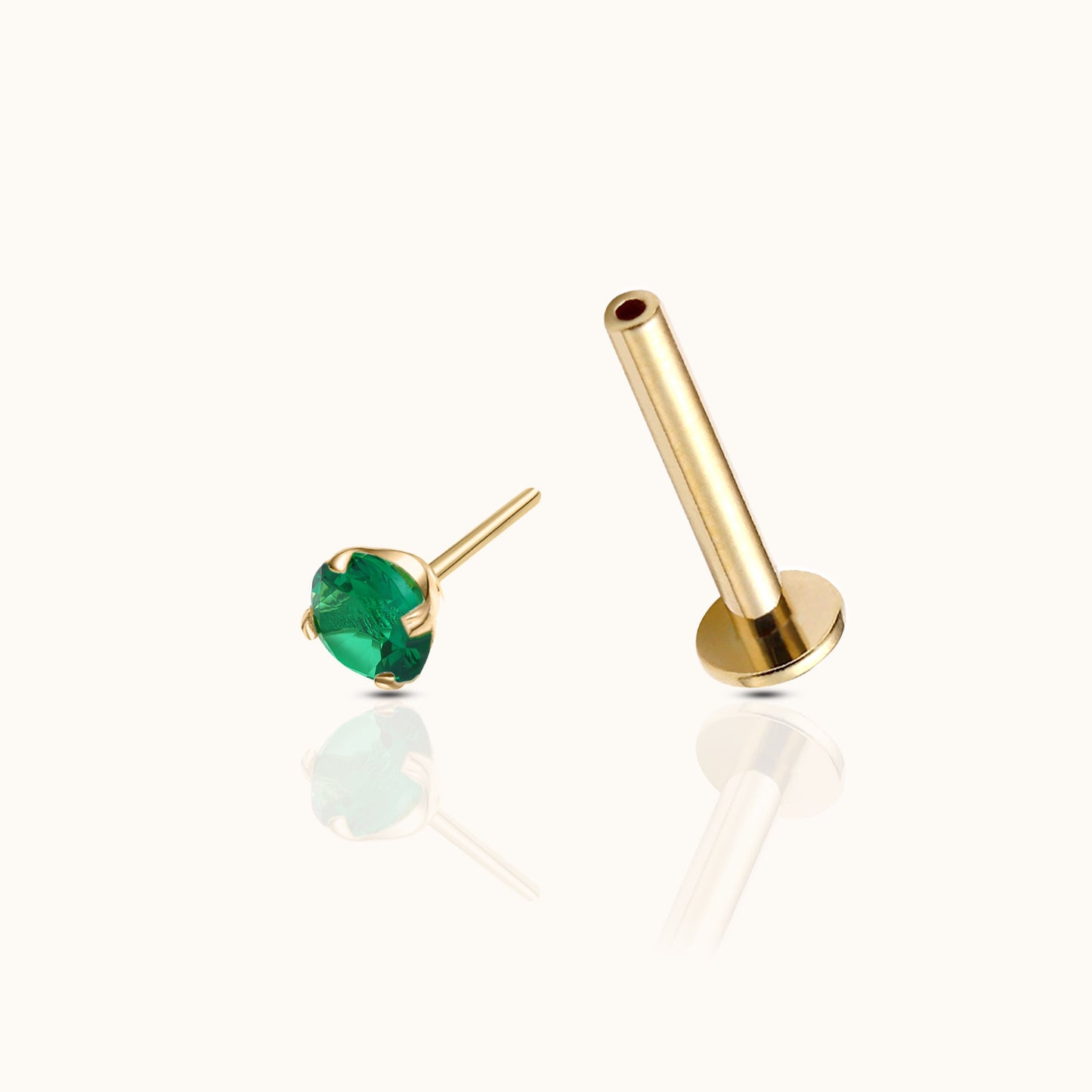 14K Solid Gold 2mm Emerald Green CZ Threadless Labret Flat Back Earring by Doviana