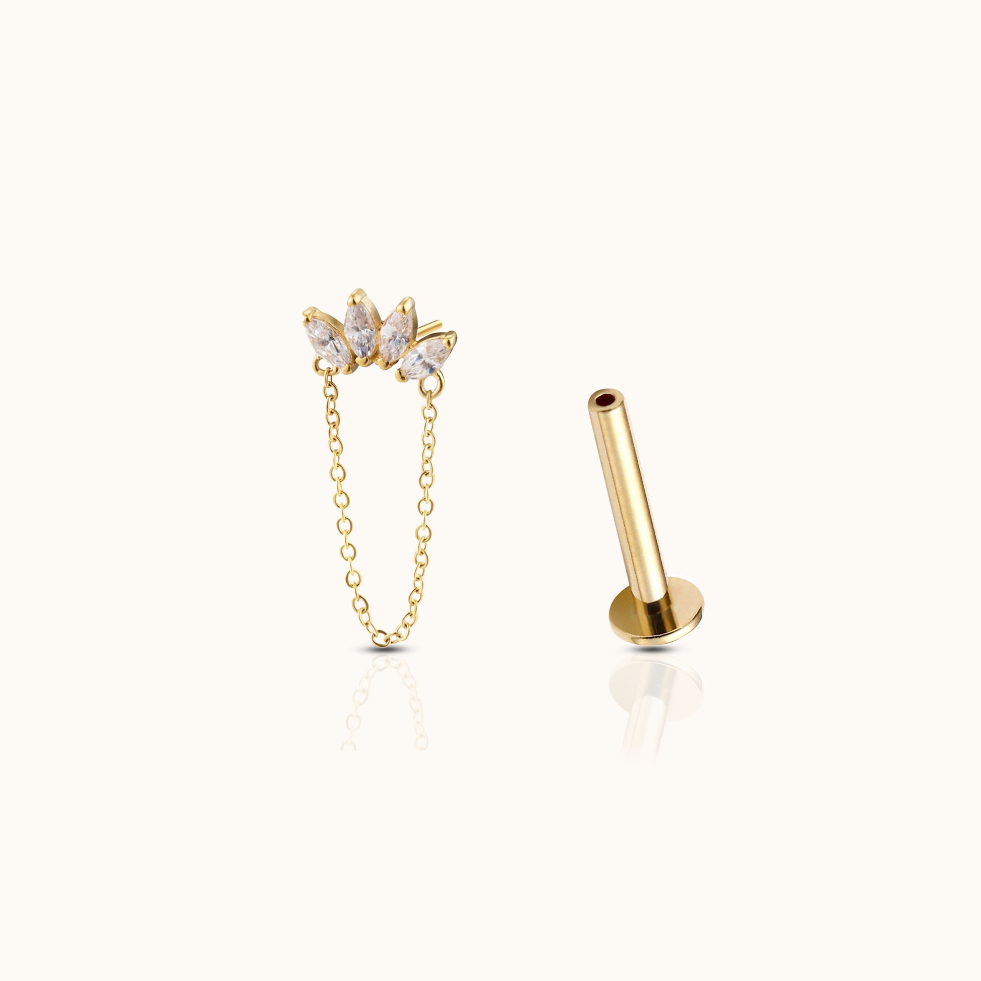 14K Solid Gold Flower Dangle Chain Threadless Labret Flat Back Earring by Doviana