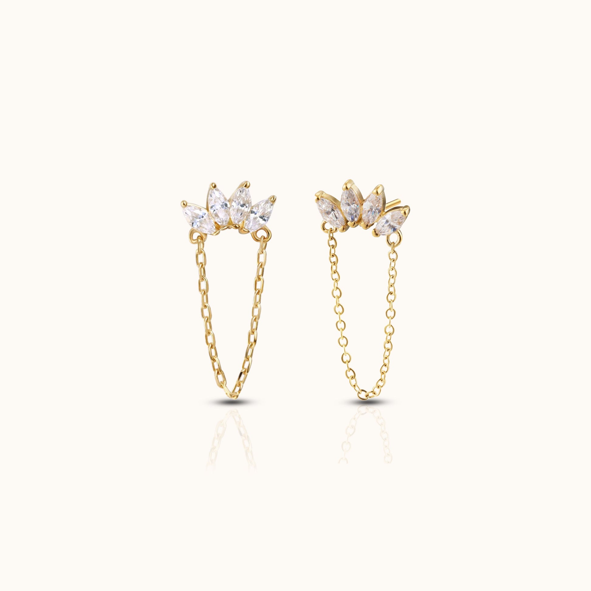 14K Solid Gold Flower Dangle Chain Threadless Labret Flat Back Earring by Doviana