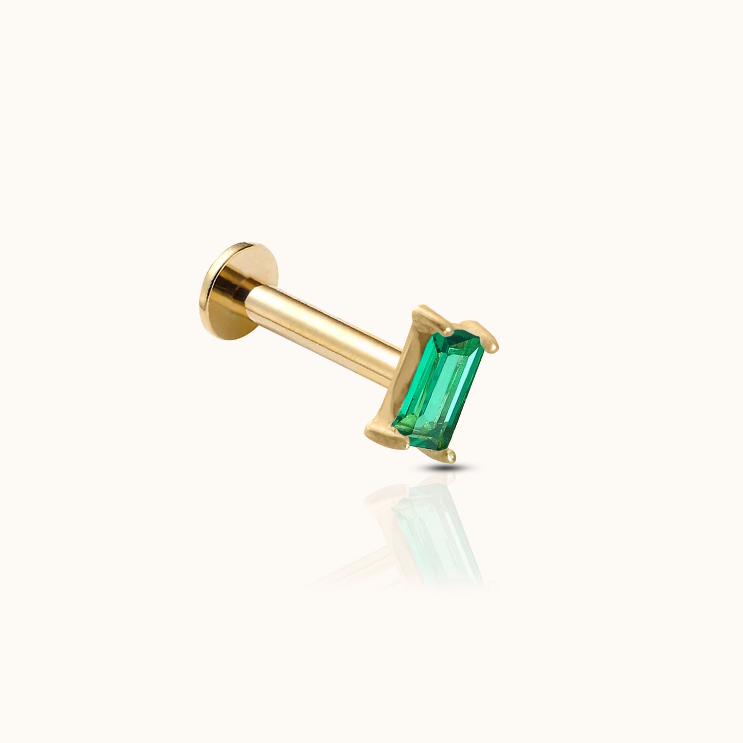 14K Solid Gold Green Square CZ Rectangle Threadless Labret Flat Back Nap Earring by Doviana