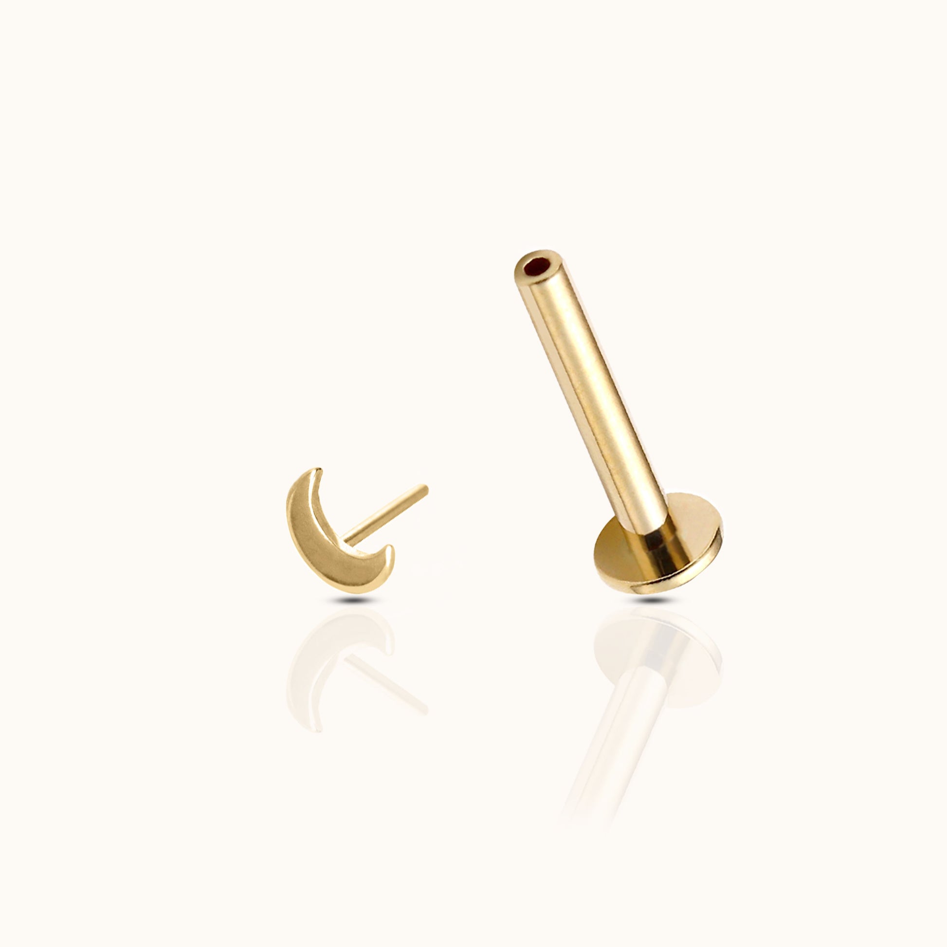 14K Solid Gold Moon Threadless Labret Flat Back Nap Earring
