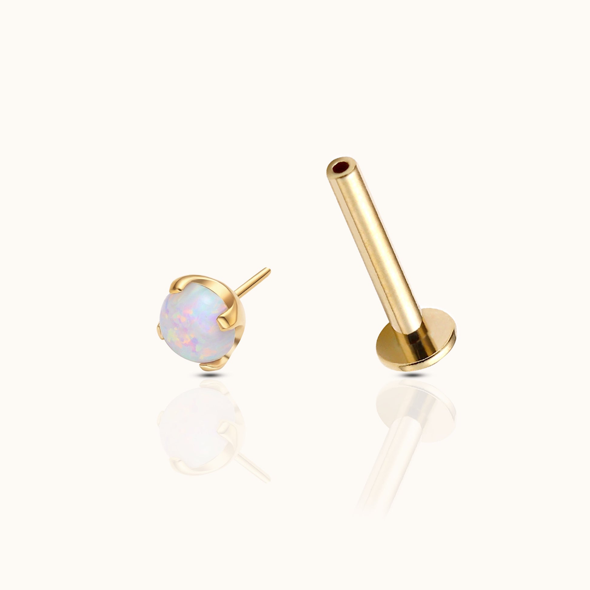 14K Solid Gold Opal Threadless Labret Flat Back Nap Earring with Natural Gemstones by Doviana