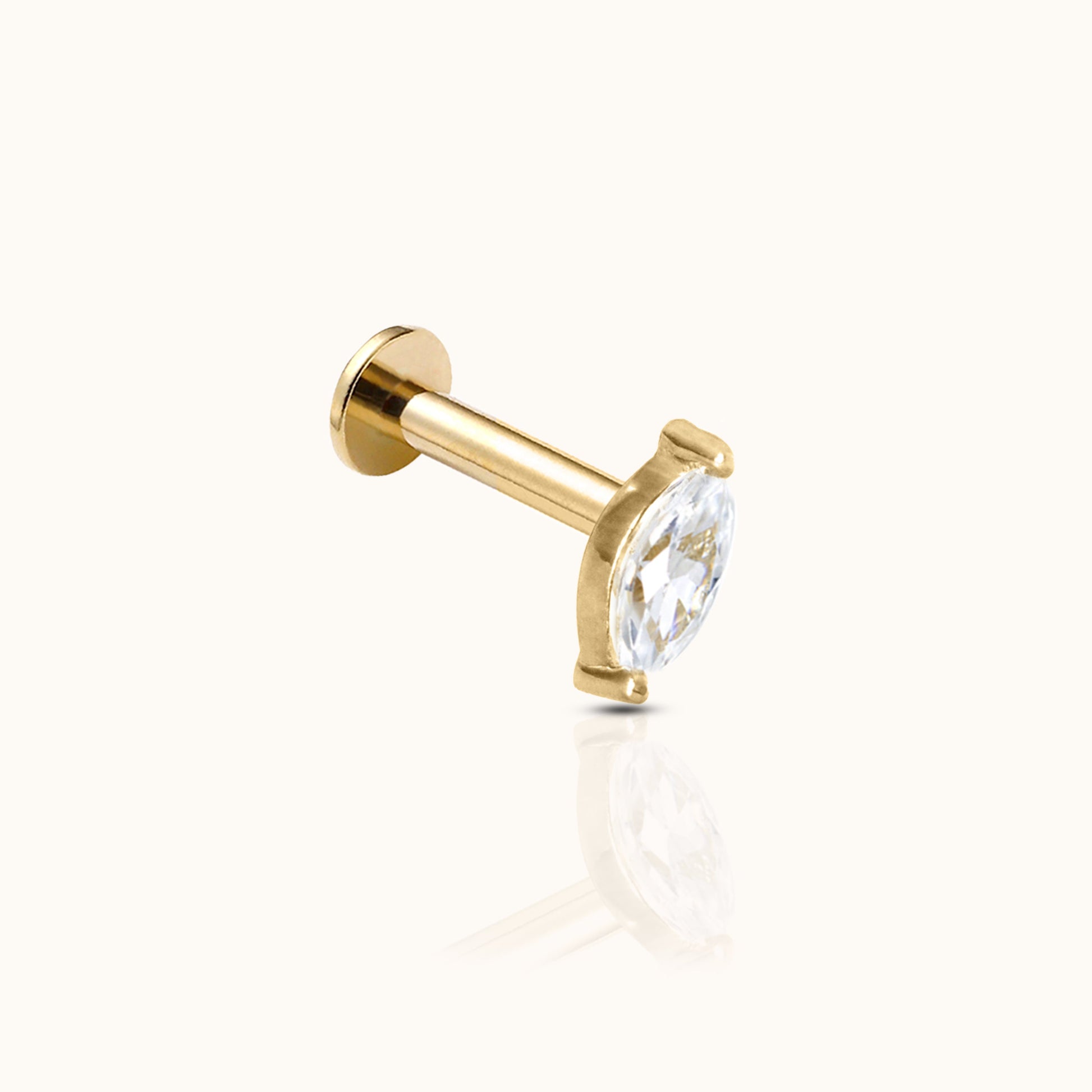 14K Solid Gold Oval CZ Threadless Labret Flat Back Nap Earring by Doviana