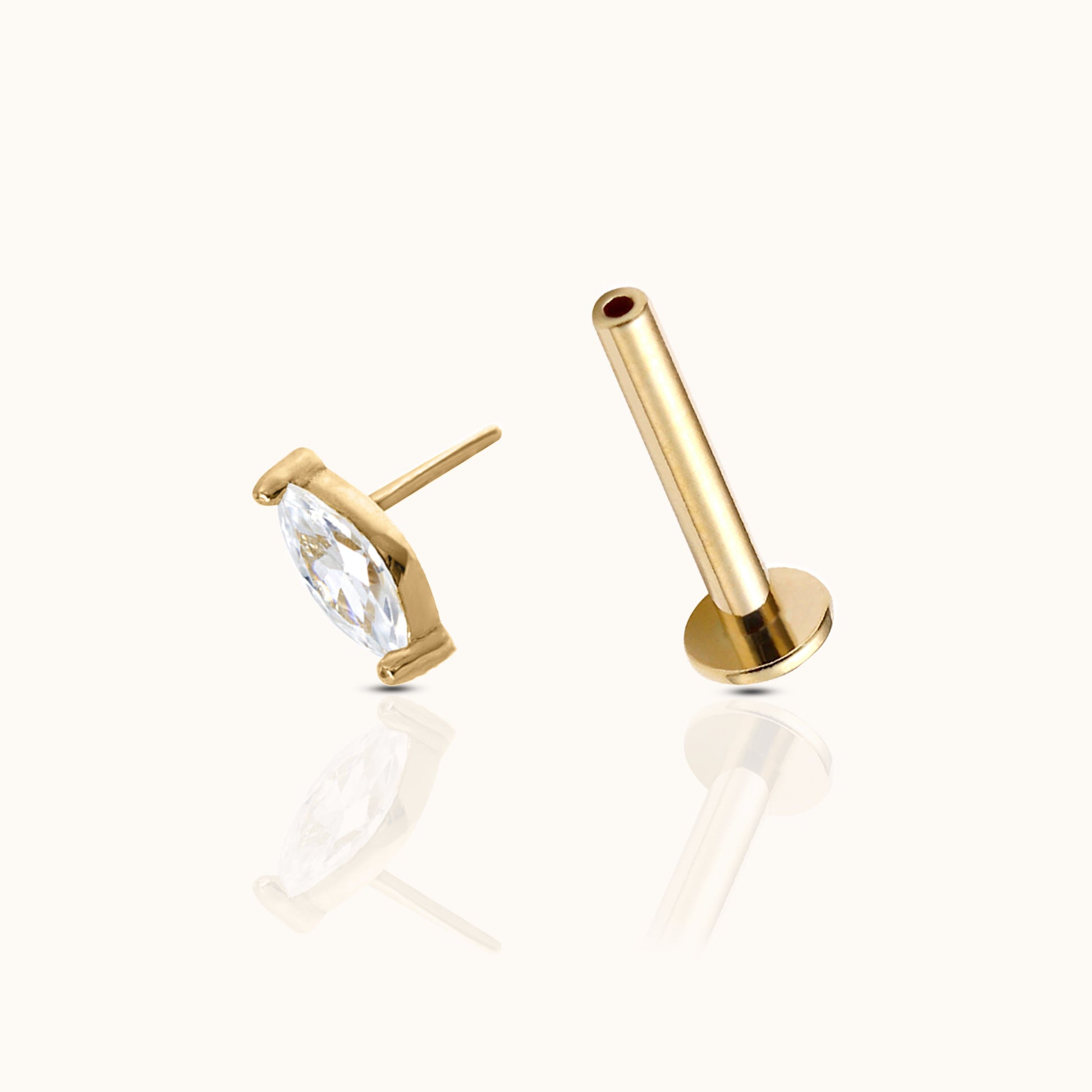14K Solid Gold Oval CZ Threadless Labret Flat Back Nap Earring by Doviana