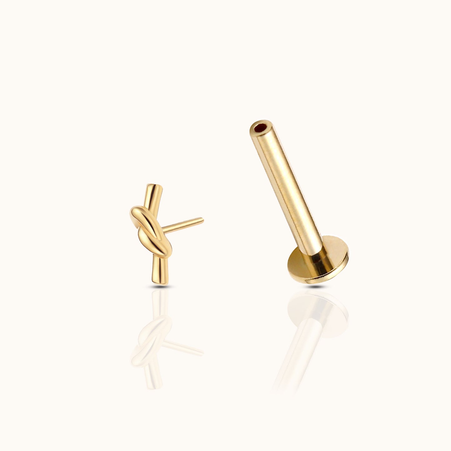 14K Solid Gold Petite Knot Threadless Labret Flat Back Earring by Doviana