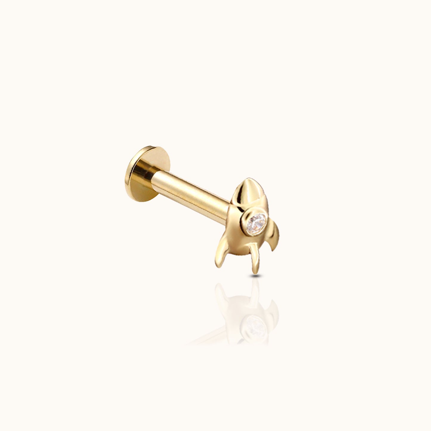 14K Solid Gold Petite Rocket Threadless Labret Flat Back Earring by Doviana