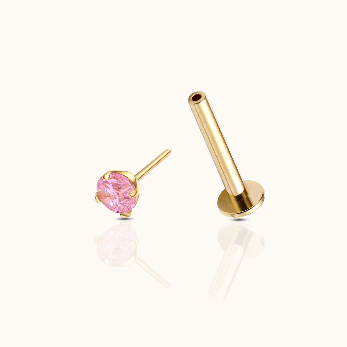 14K Solid Gold 3mm Pink CZ Threadless Labret Flat Back Nap Earring by Doviana
