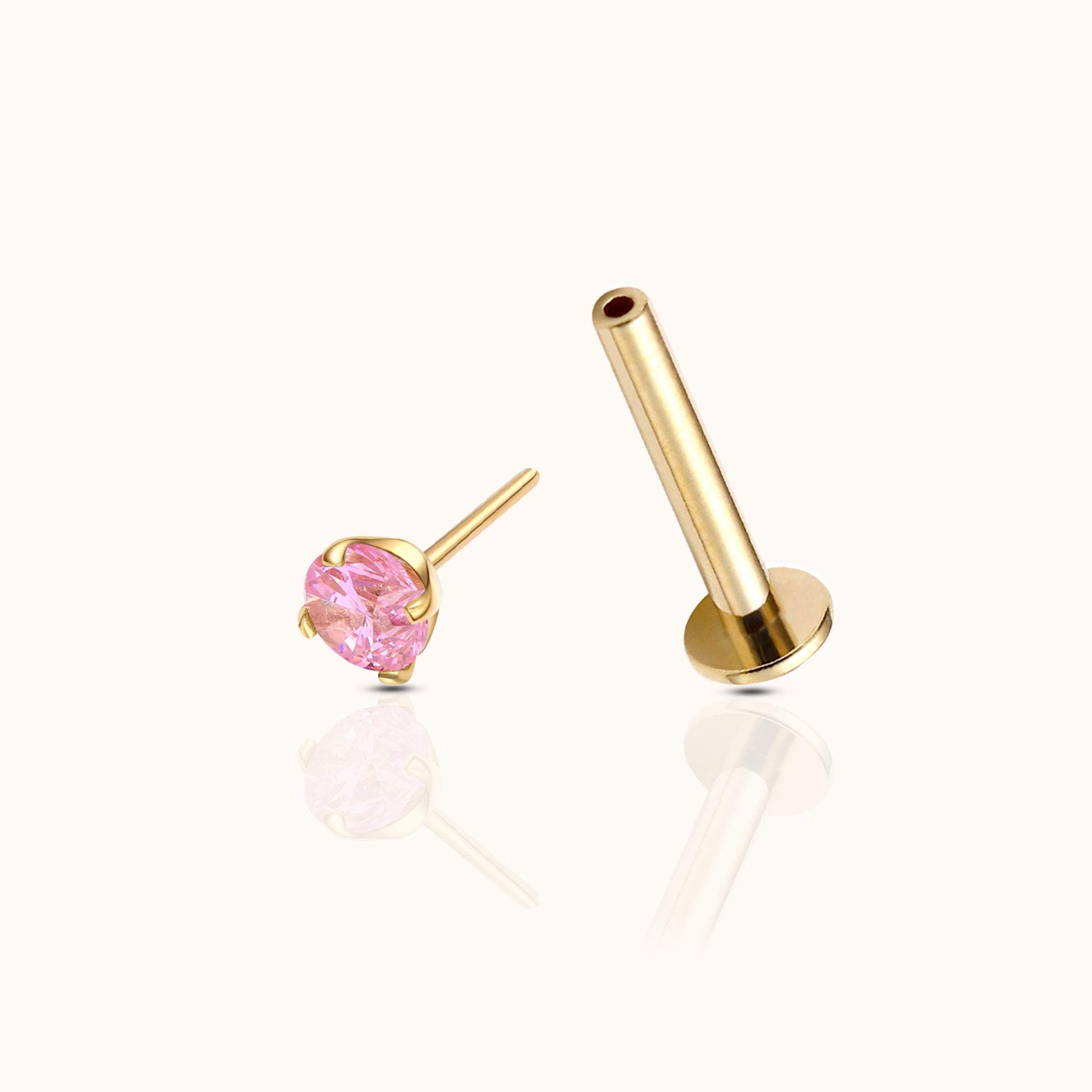 14K Solid Gold 3mm Pink CZ Threadless Labret Flat Back Nap Earring by Doviana