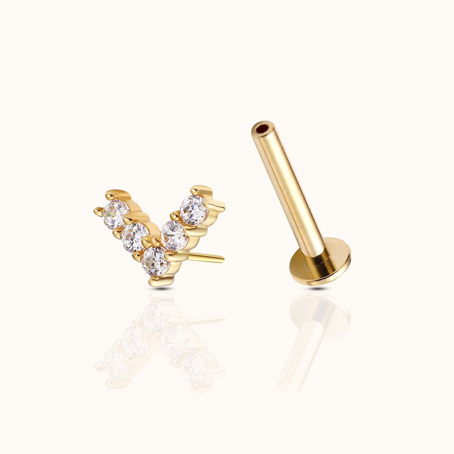 14K Solid Gold Right Angle CZ Threadless Labret Flat Back Nap Earring by Doviana