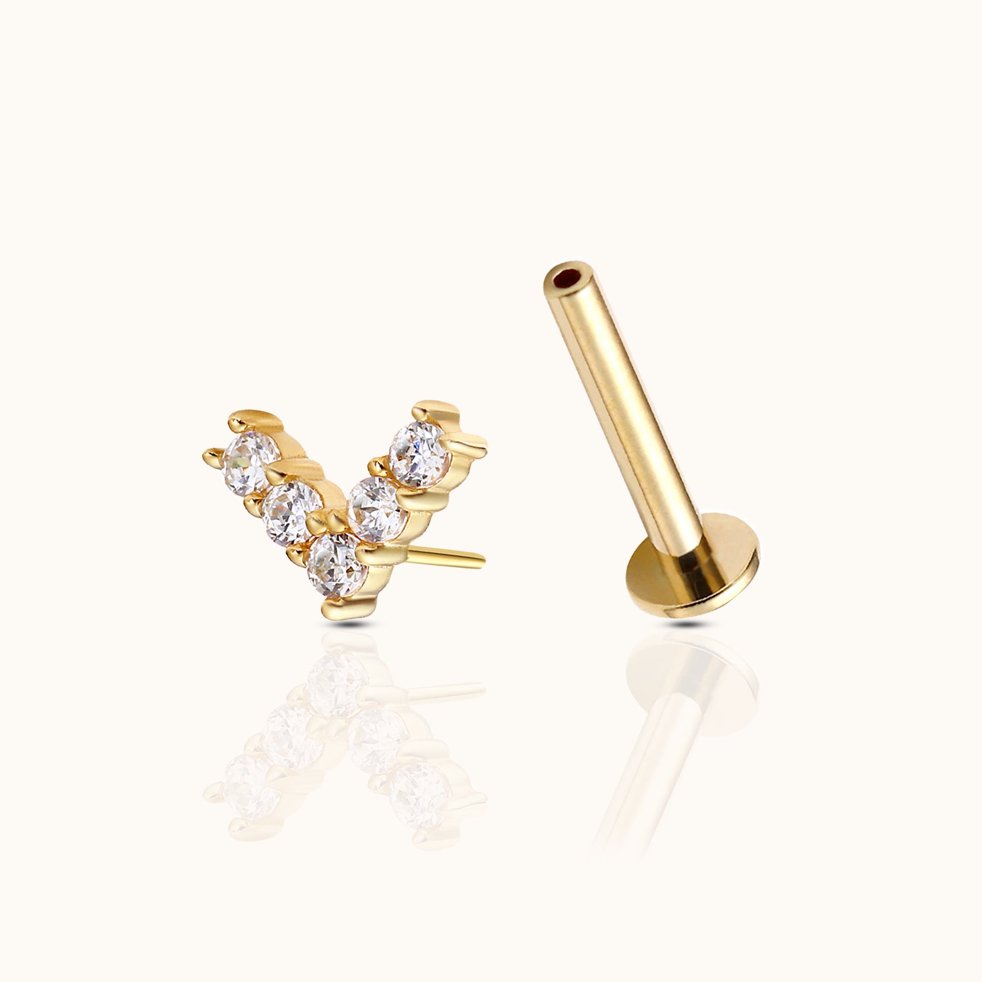 14K Solid Gold Right Angle CZ Threadless Labret Flat Back Nap Earring by Doviana