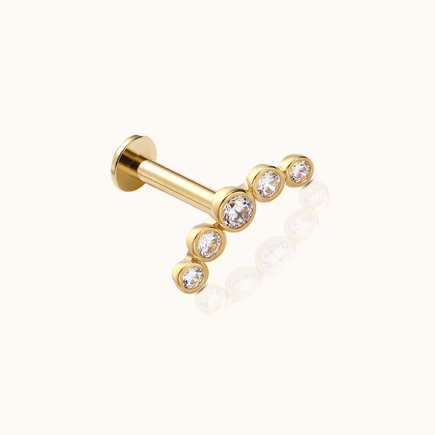 14K Solid Gold Round Bezel CZ Bar Threadless Labret Flat Back Earring by Doviana