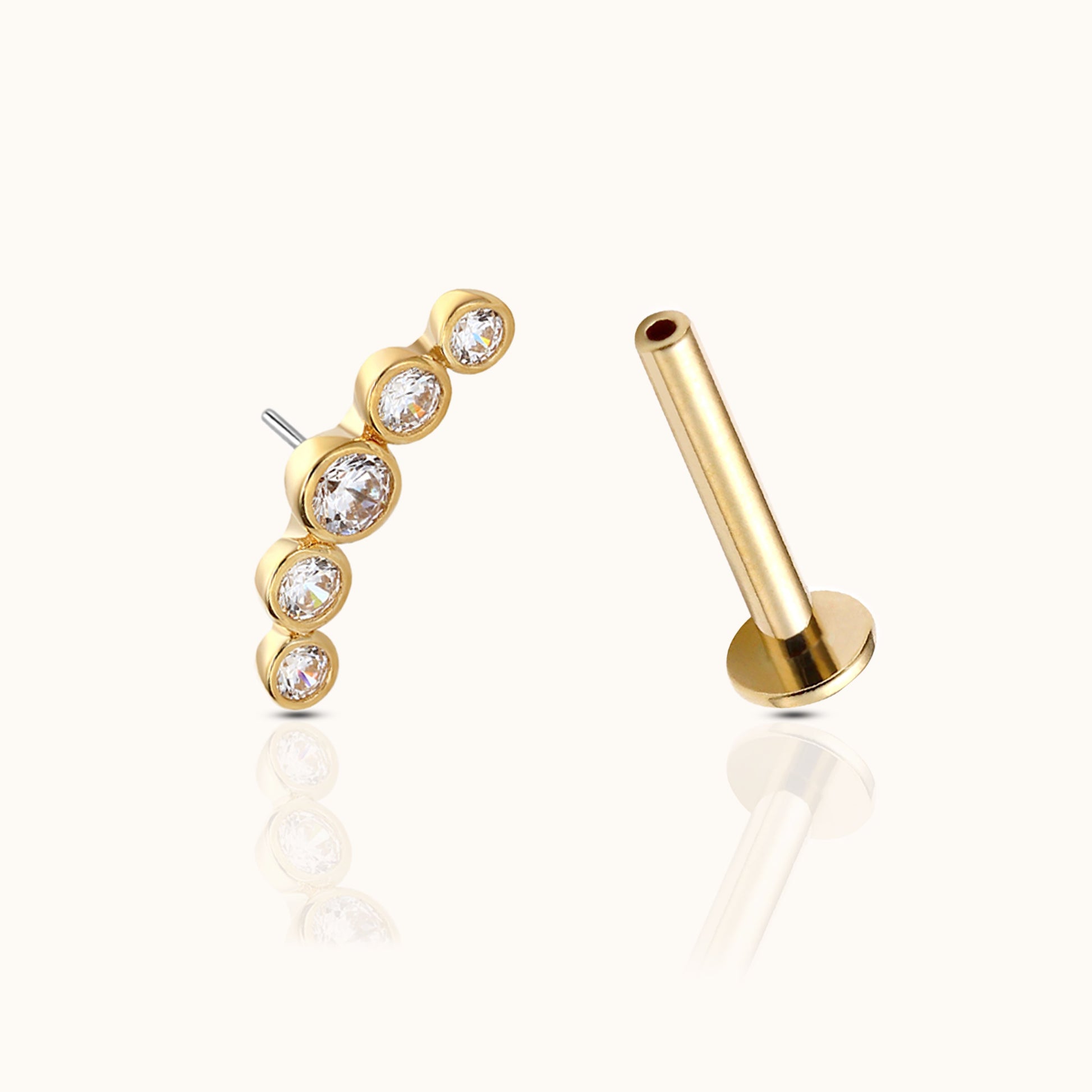 14K Solid Gold Round Bezel CZ Bar Threadless Labret Flat Back Earring by Doviana