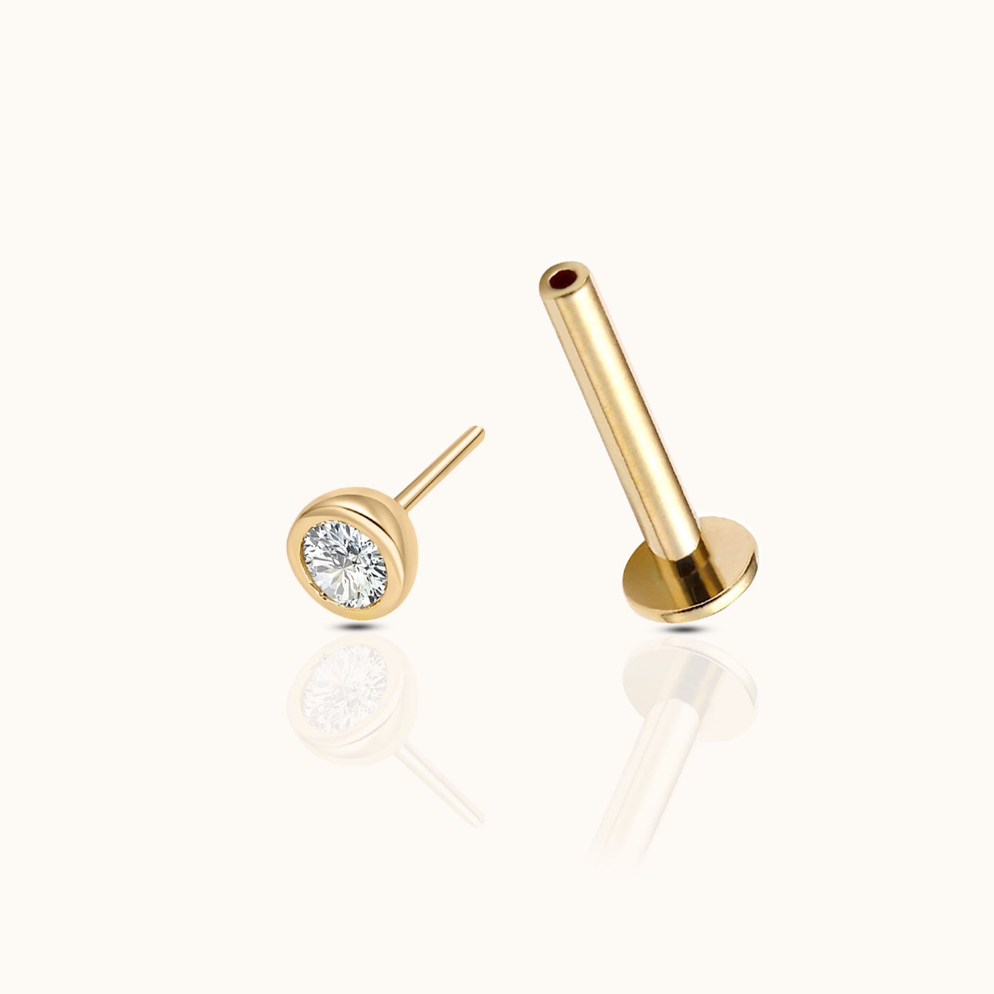 14K Solid Gold Round CZ Bezel Threadless Labret Flat Back Nap Earring by Doviana