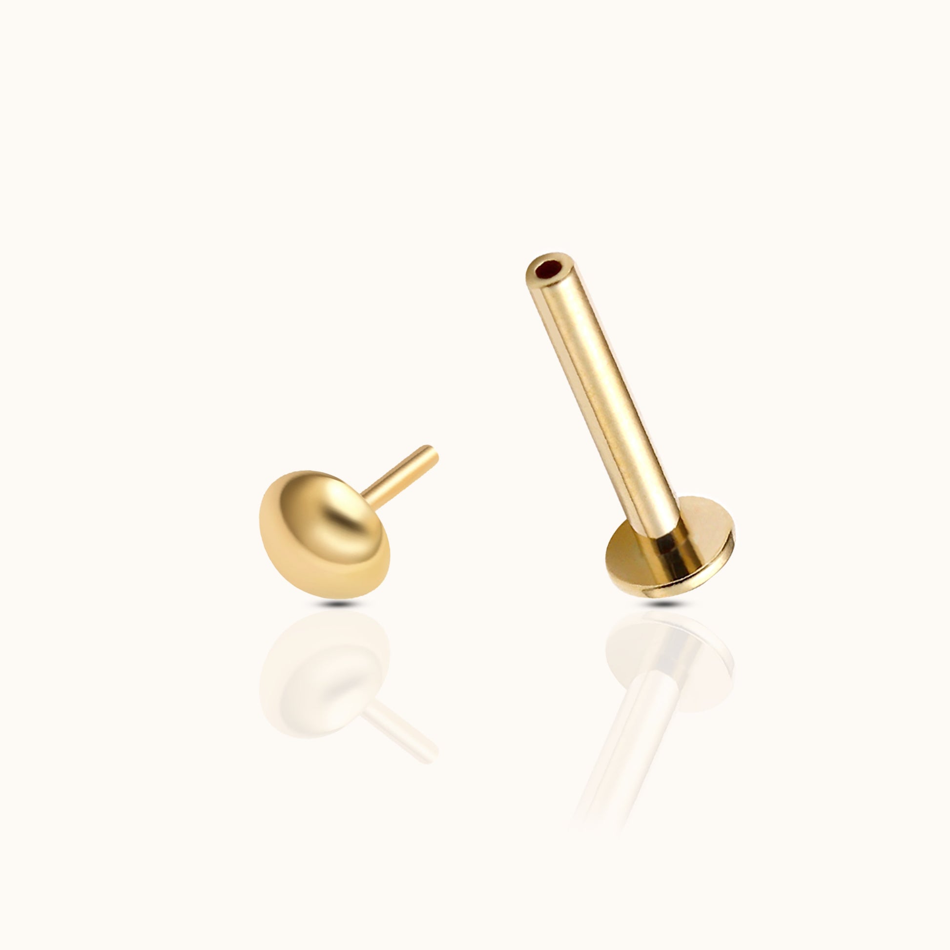 14K Solid Gold Round Cap Half Ball Threadless Labret Flat Back Nap Earring by Doviana
