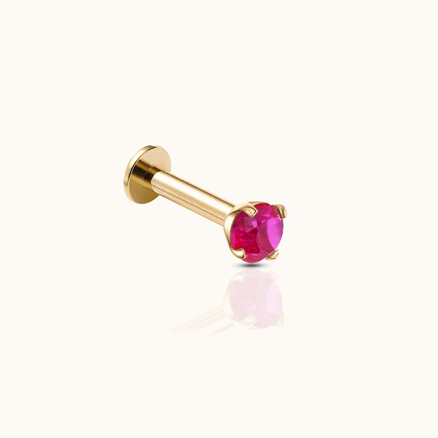 14K Solid Gold 3mm Ruby CZ Threadless Labret Flat Back Push Back Nap Earring by Doviana