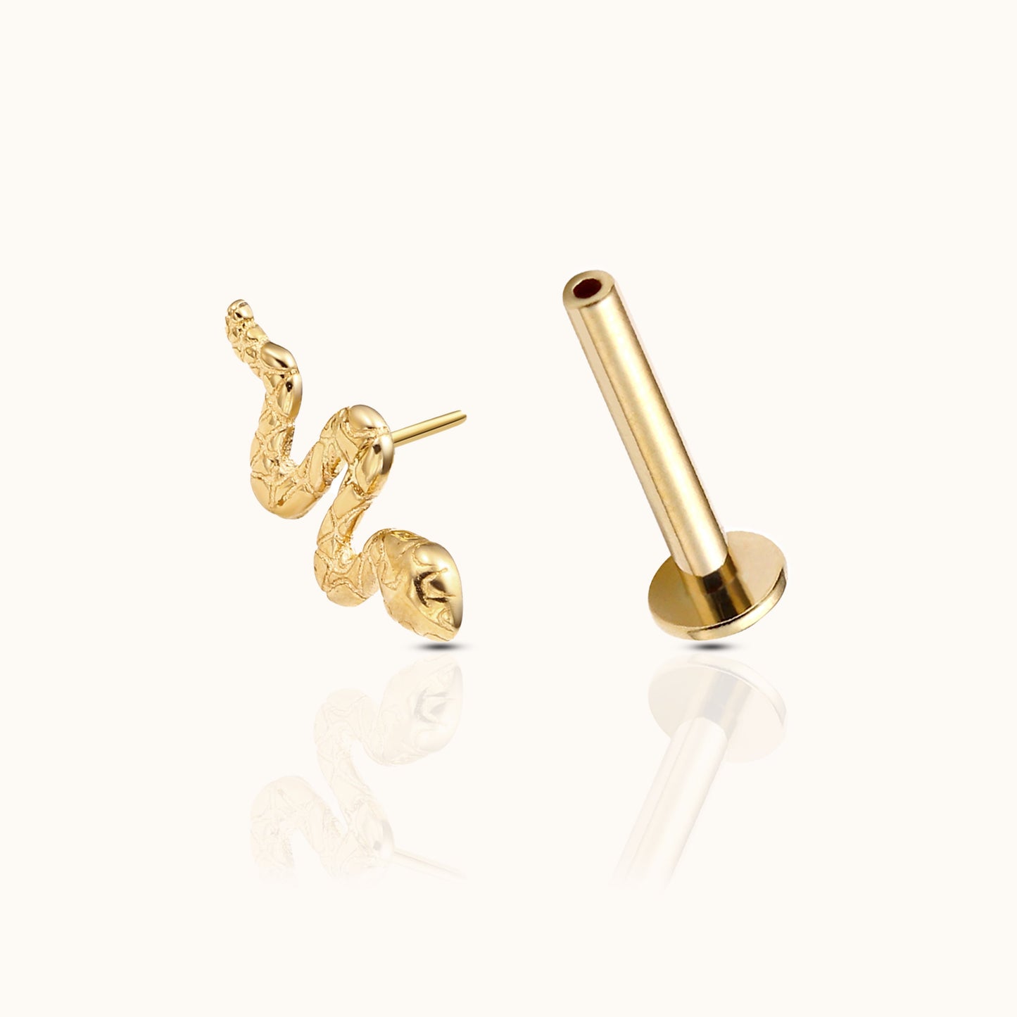 14K Solid Gold Snake Threadless Labret Flat Back Earring