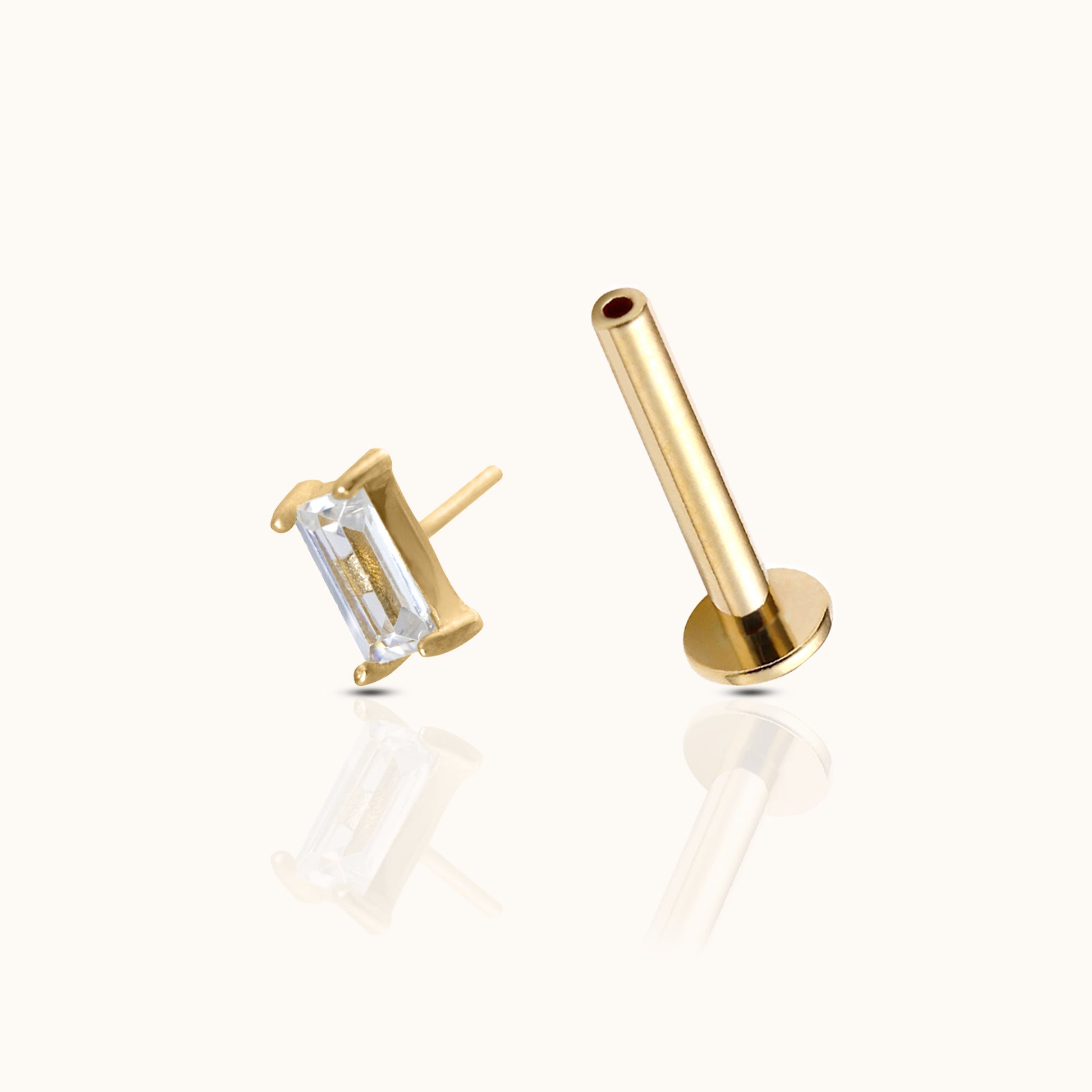 14K Solid Gold Square CZ Threadless Labret Flat Back Nap Earring by Doviana