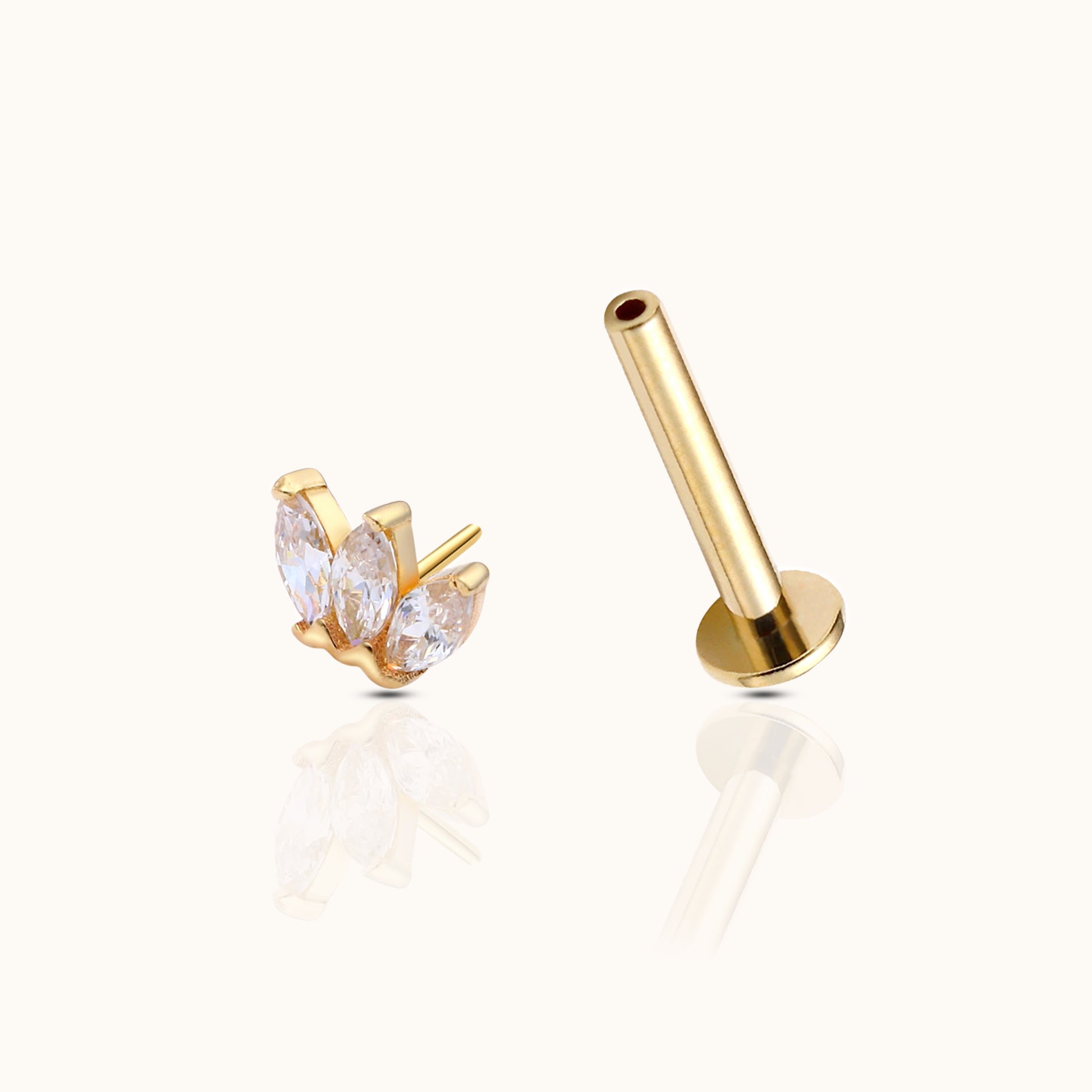 14K Solid Gold Trefoil CZ Flower Threadless Labret Flat Back Nap Earring by Doviana