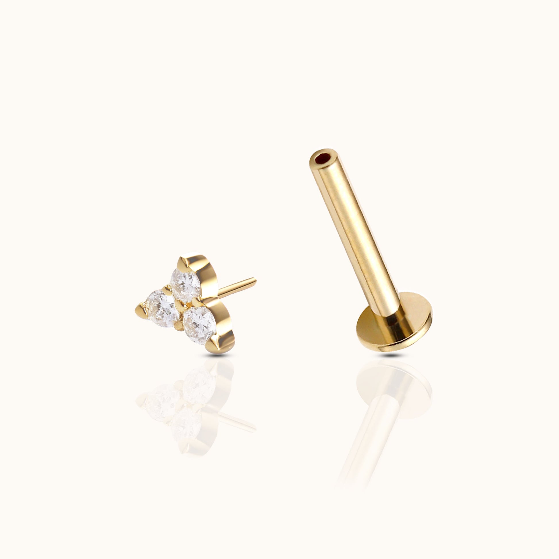 14K Solid Gold Trefoil CZ Threadless Labret Flat Back Earring by Doviana