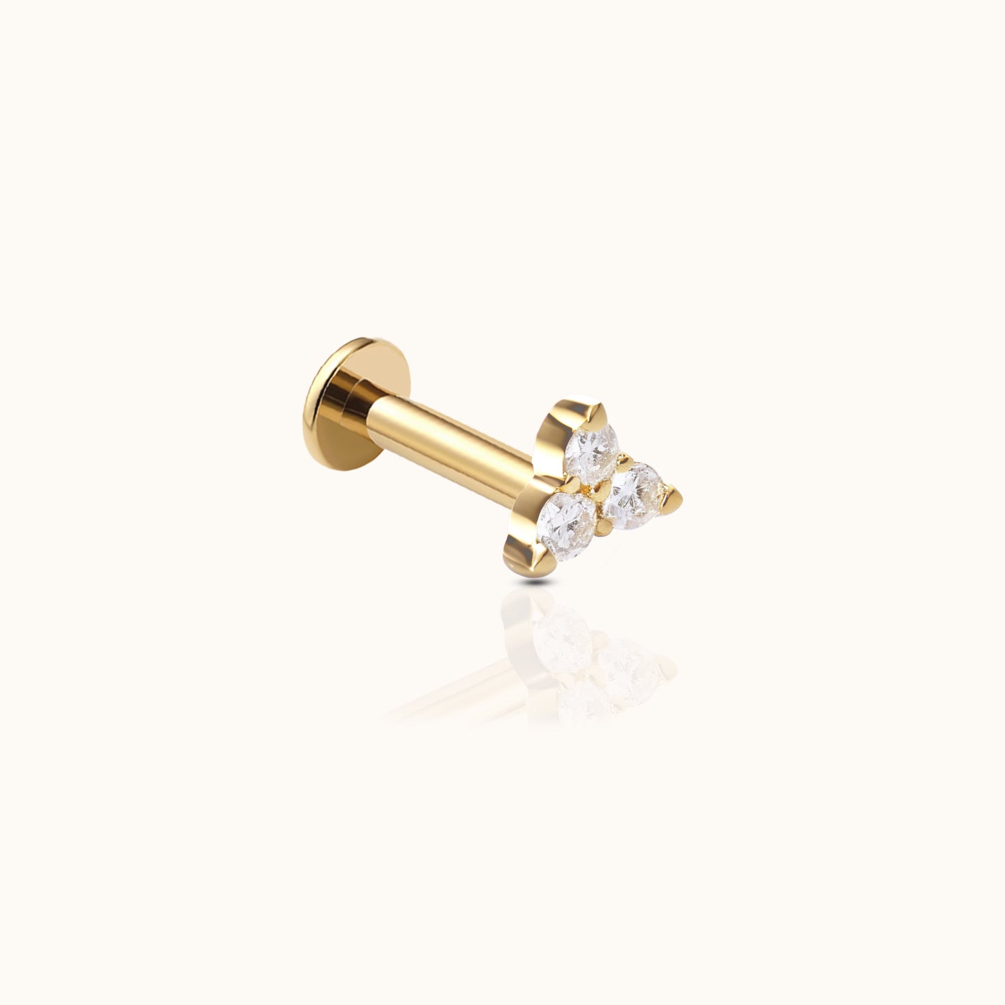 14K Solid Gold Trefoil CZ Threadless Labret Flat Back Earring by Doviana