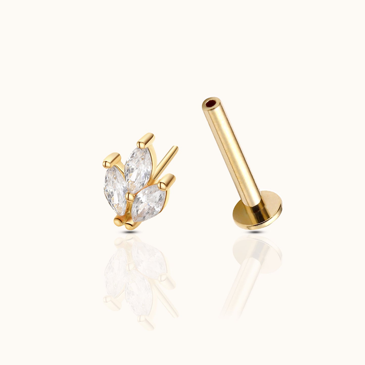 14K Solid Gold Trefoil Floral CZ Threadless Labret Flat Back Nap Earring by Doviana