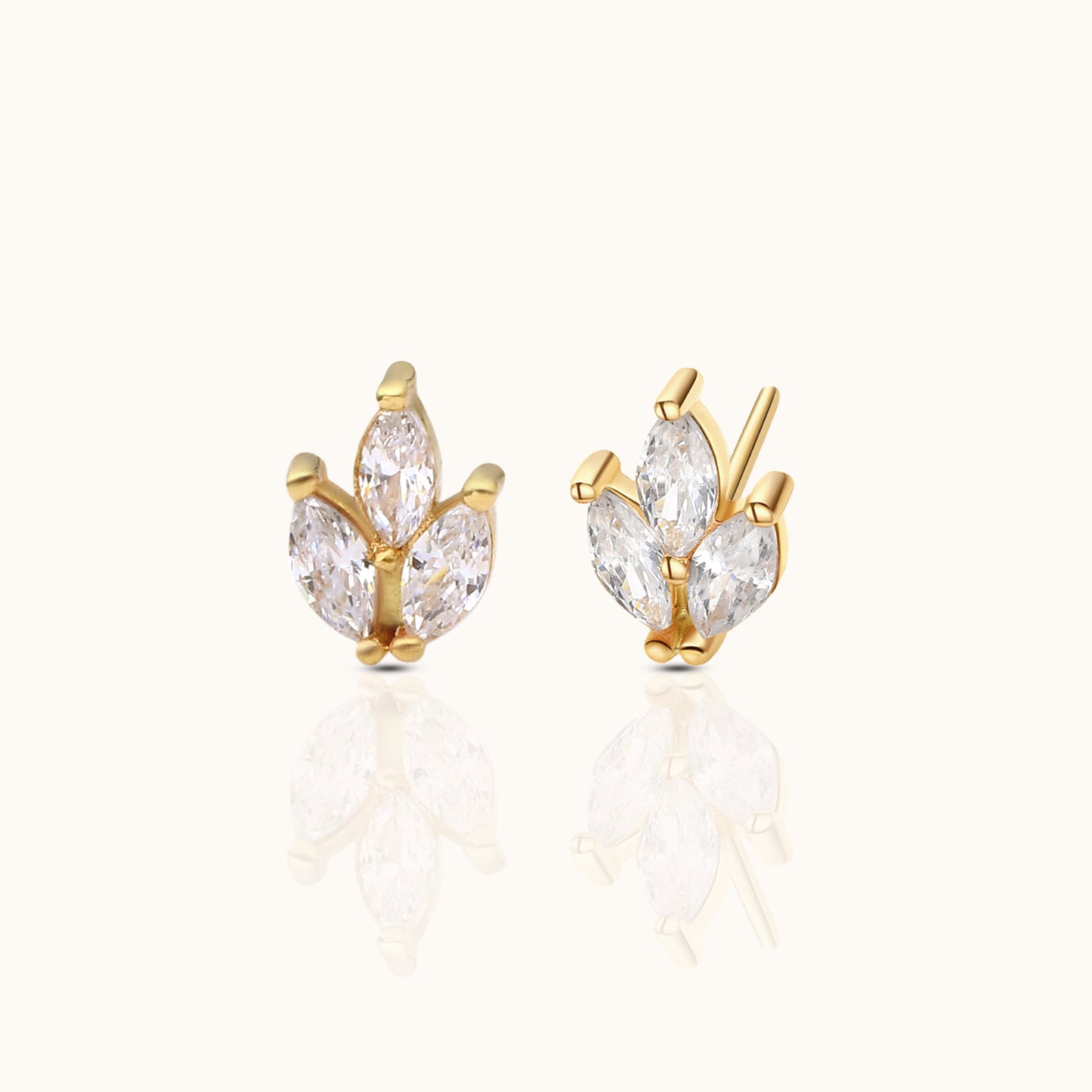 14K Solid Gold Trefoil Floral CZ Threadless Labret Flat Back Nap Earring by Doviana