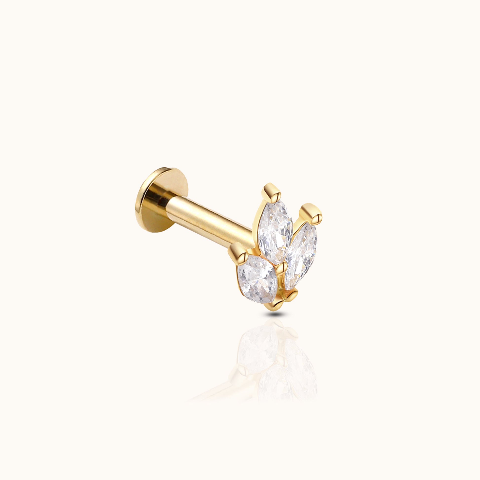 14K Solid Gold Trefoil Floral CZ Threadless Labret Flat Back Nap Earring by Doviana