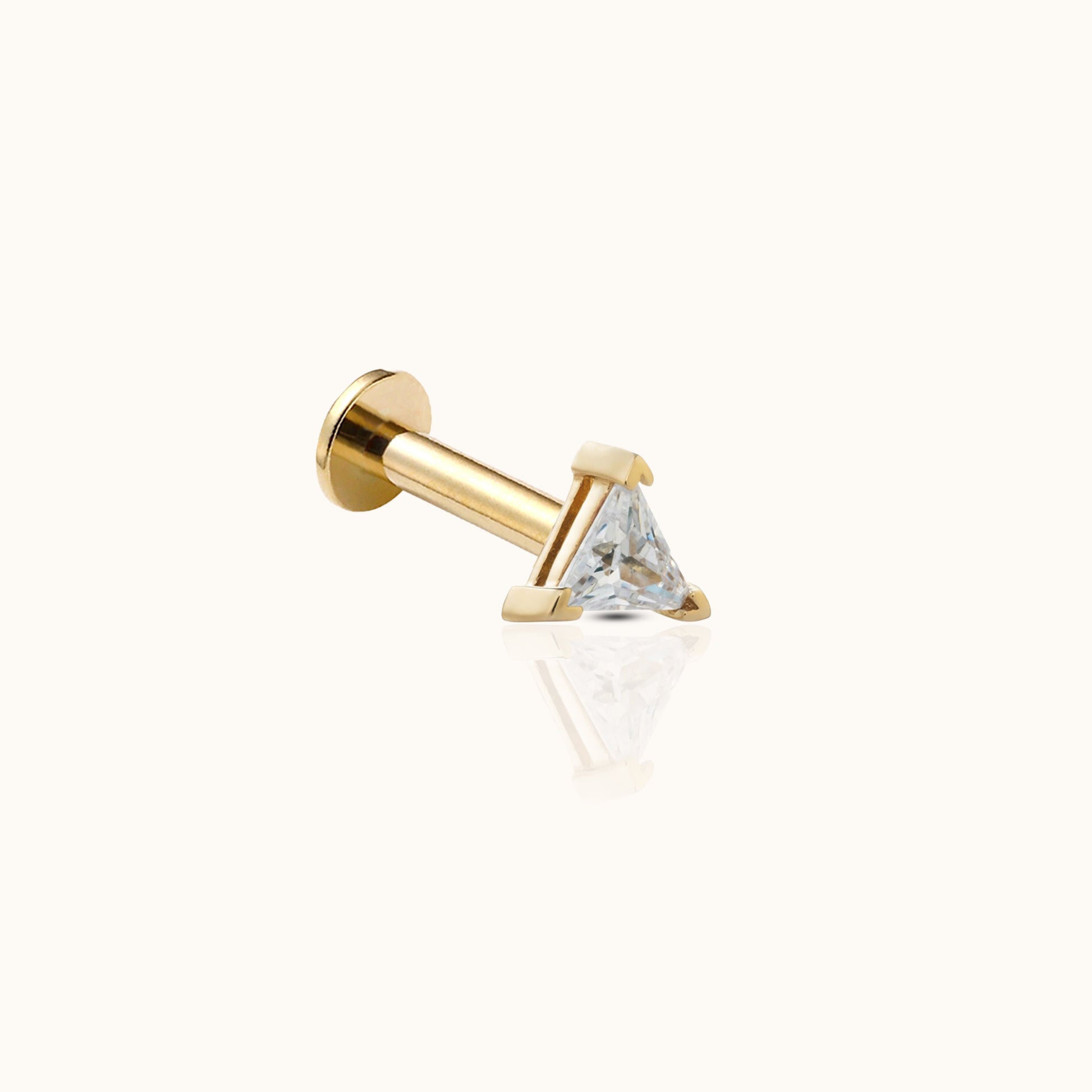 14K Solid Gold Triangle CZ Threadless Labret Flat Back Earring by Doviana